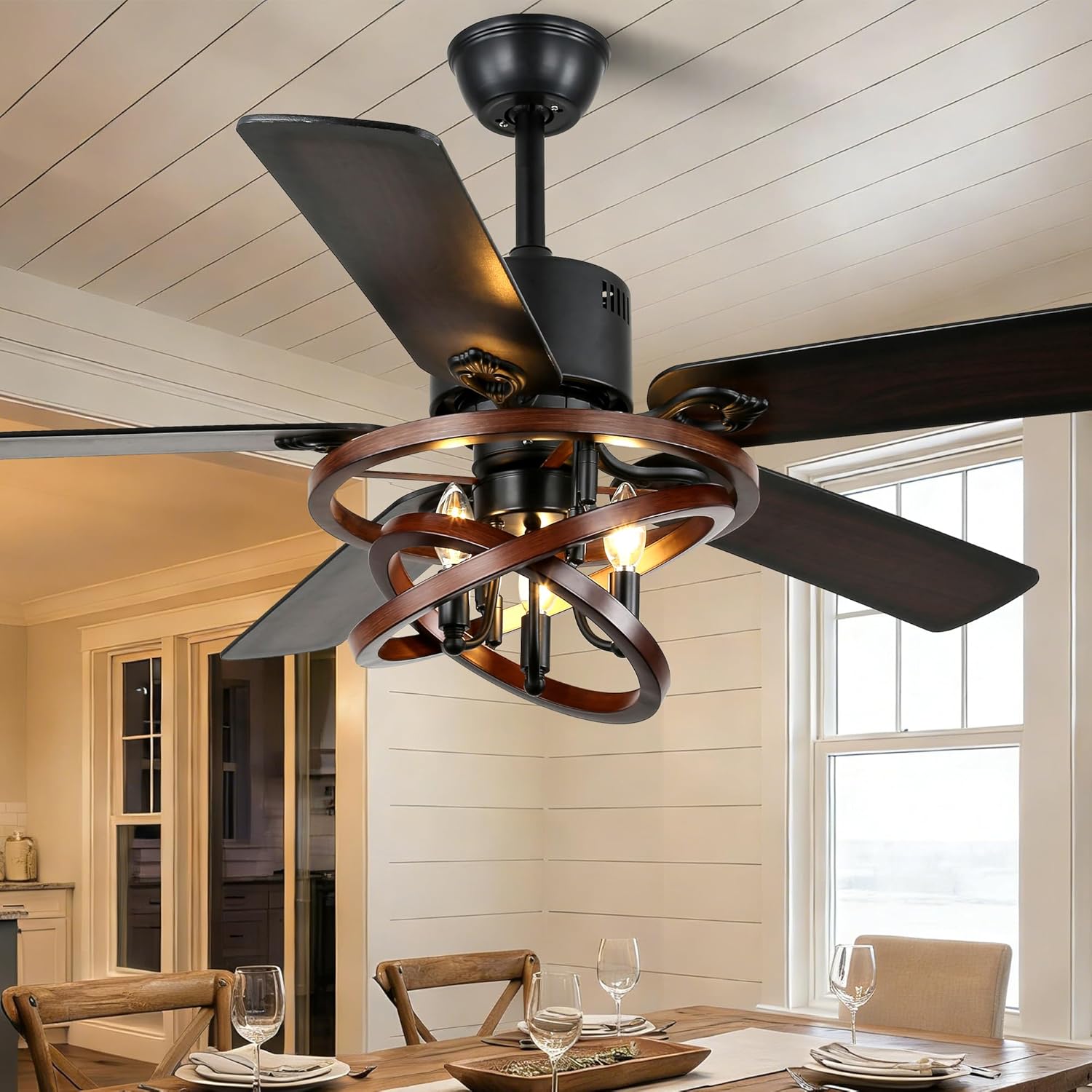52" Ceiling Fan with Lights and Remote,Industrial Farmhouse Ceiling Fan with Adjustable Wood Grain Iron Cage,5 Reversible Dual-Color Blades,DC Quiet Motor,6 Speeds,Timer for Bedroom Living Room