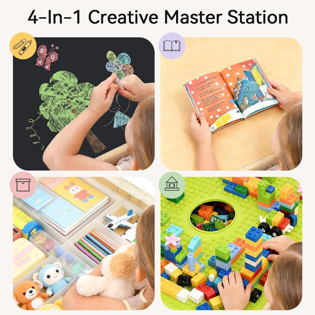 WINGYZ 4-in-1 Wooden Kids Activity Table and 2 Chairs, Ages 2-12 & 4-8 Building Blocks Construction Sensory Table with Storage, Spacious Kids Learning Desk