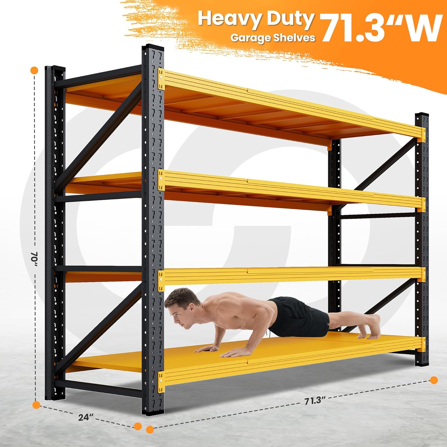 71”W Garage Shelving Units, 5000LBS Storage Shelves Heavy Duty, 24" Deep Metal Shelving Rack, 4 Tier Large Tall Industrial Shelving , Adjustable Standing Shelf for Warehouse / Shop 71"W x 24"D x 70"H