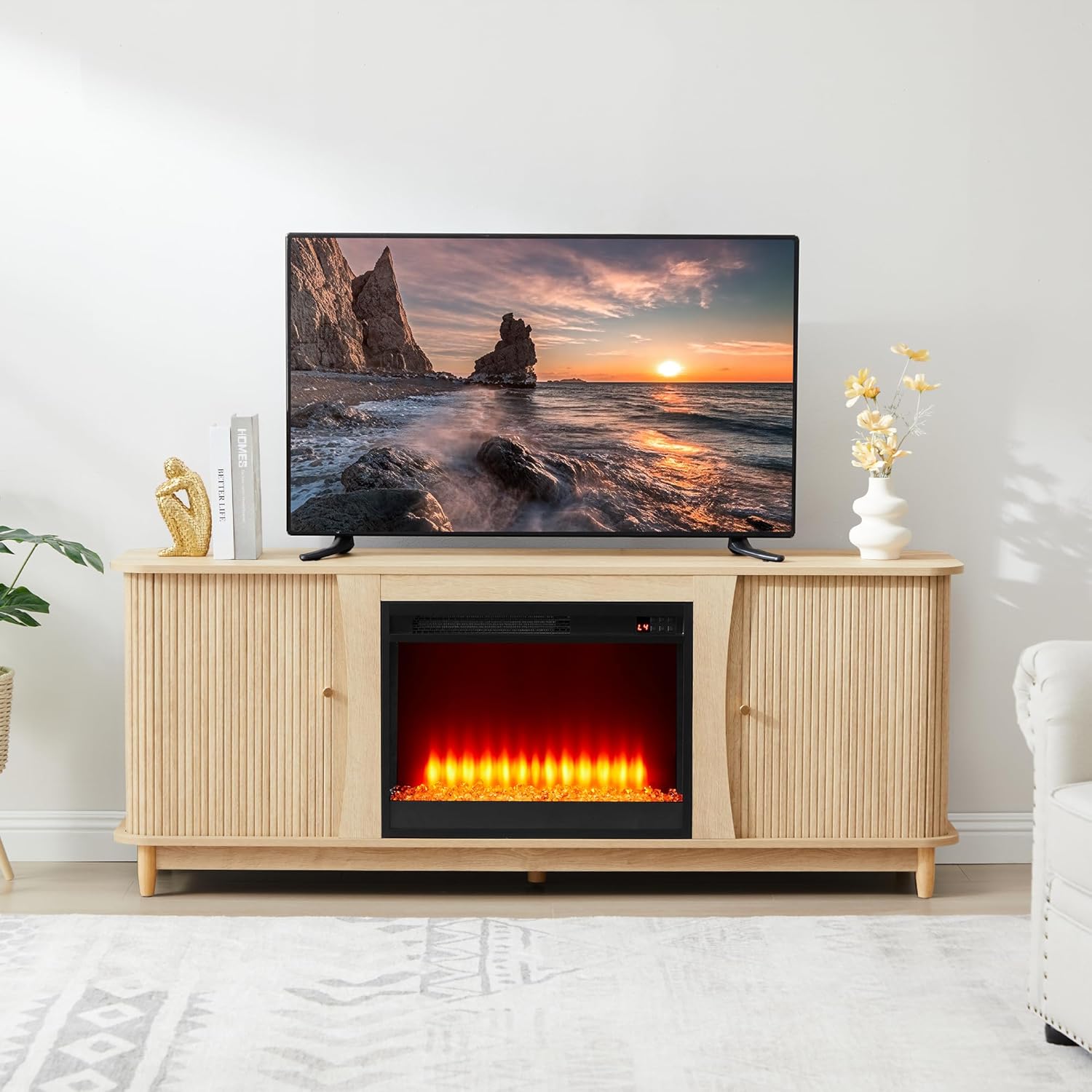 Fireplace TV Stand, Fluted TV Stand with Storage and Sliding Door, Farmhouse Entertainment Center Media Console Table for Living Room (Natural)