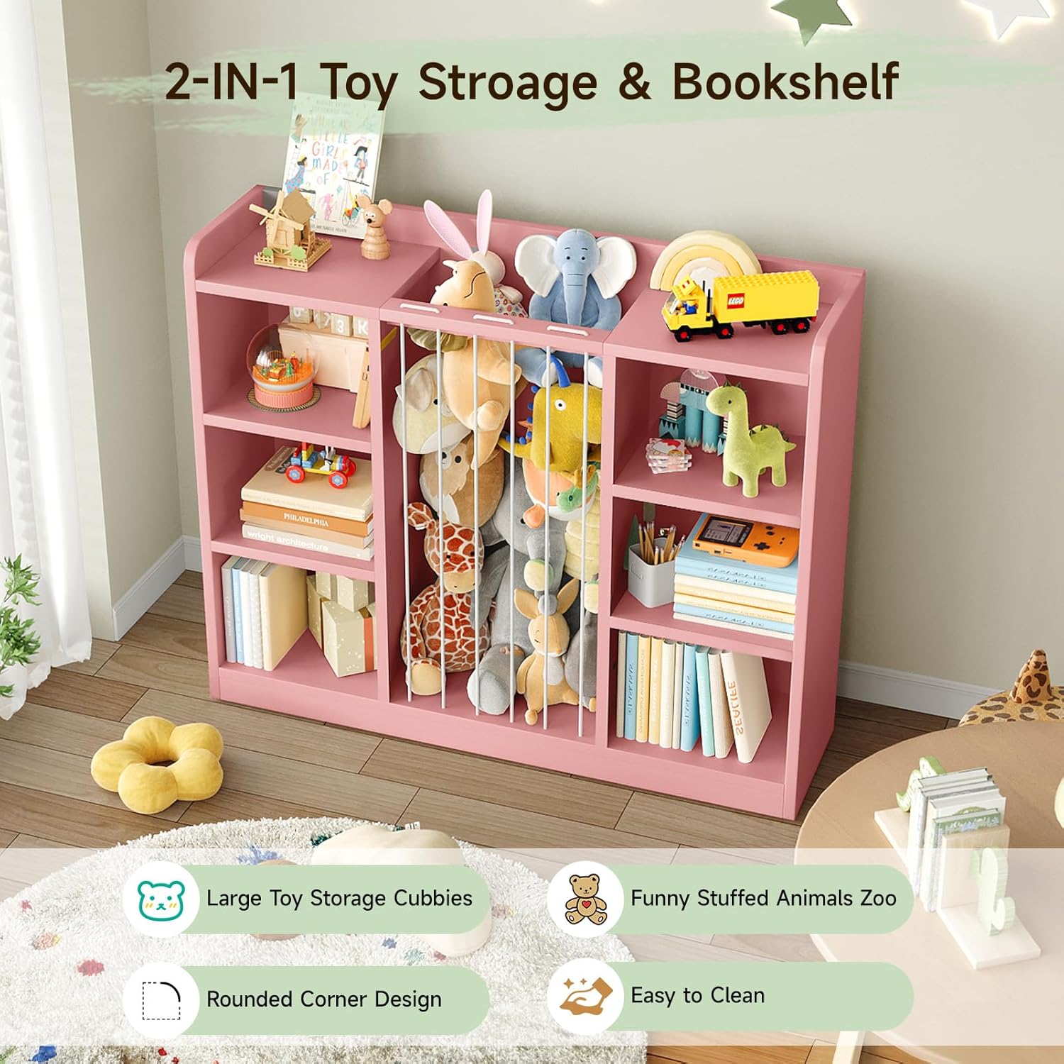 Toddler Stuffed Animal Zoo, Toy Storage Organizer for Playroom, Plush Toy Organizers and Storage, Book Shelf for Kids Rooms, Elastic Band Child Bookcase, Toy Shelf with 8 Storage Cubbies (Pink)