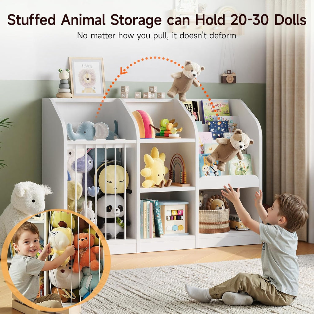 ONBRILL Toy Storage Organizer with Bookshelf & Stuffed Animal Storage, Kids Montessori Low Cabinet with 4 Open Cubbies for Kids Room Playroom Nursery Bedroom Living Room (White)