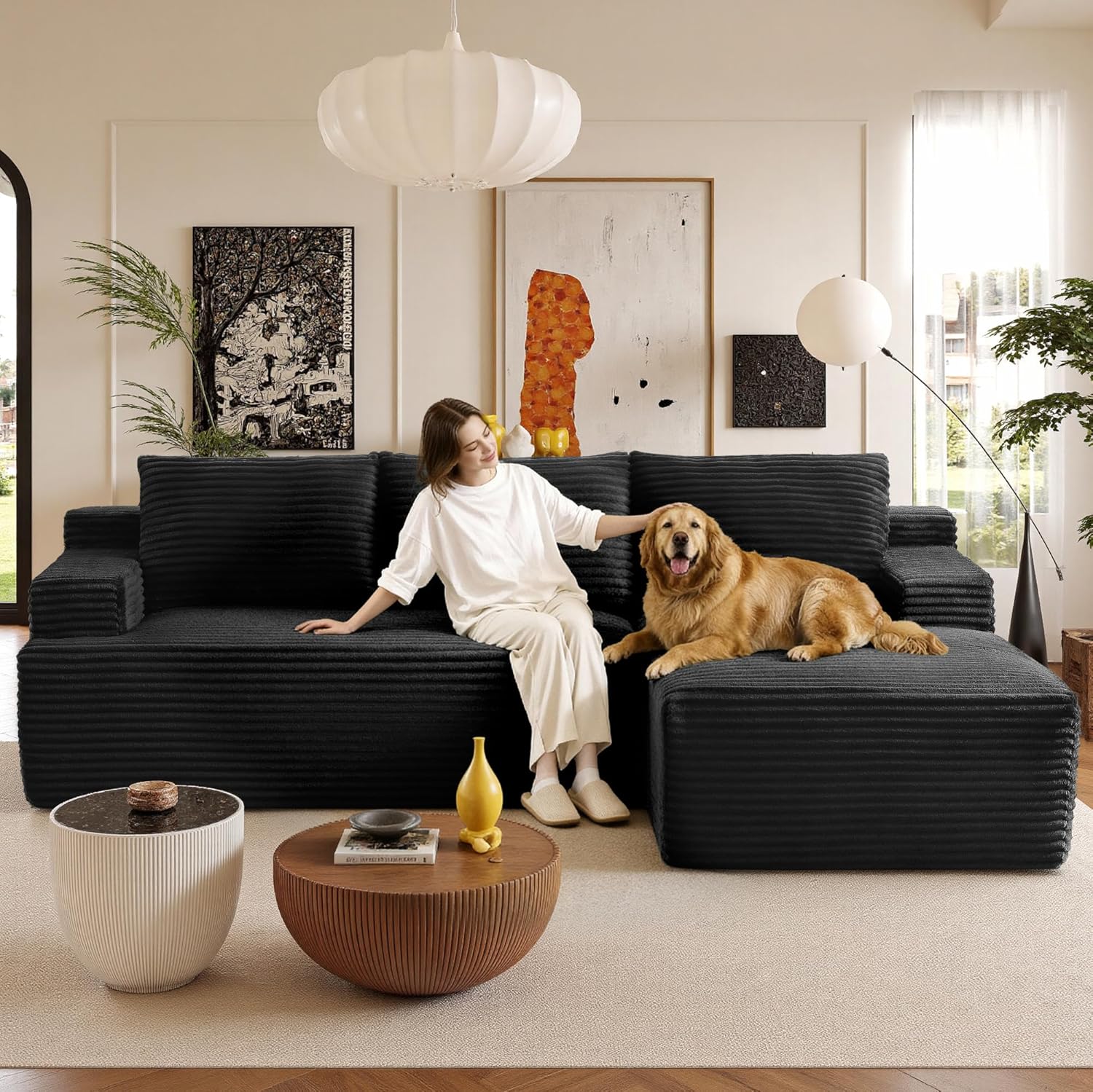 Sectional Couches for Living Room Cloud Couch Sofa with L-Shape Upholstered Boneless Couchs Modern Modular Sectional Couch with Chaise (Black, 96" W+Right Facing Chaise+2Seaters)
