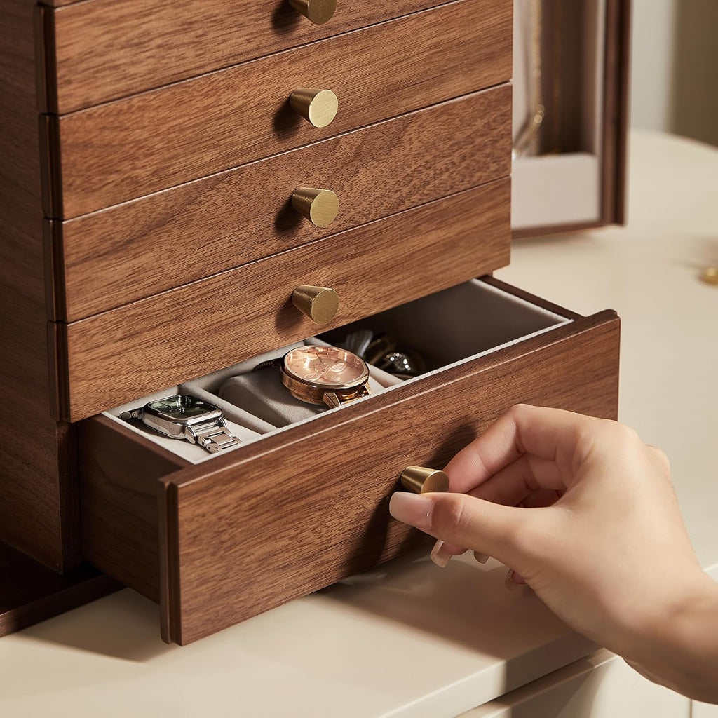 Black Walnut Wooden Jewelry Box, Wood Jewelry Organizer with 2 Side Doors Mirror Lockable Classical Style for Watch Necklace Ring Earring Storage Mothers Day Gifts for Mom-6 Layer