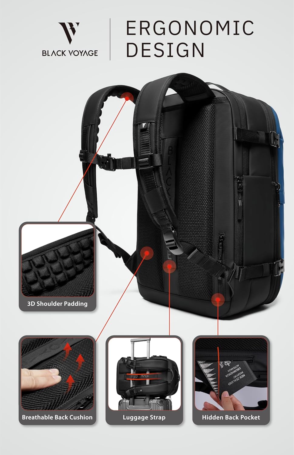 BlackVoyage Vortex Vacuum Seal Travel Backpack 60L Expandable Air Compression System Water Resistant TSA Lock Carry-On Suitcase Luggage Blue AERO - Vacuum Pump Included