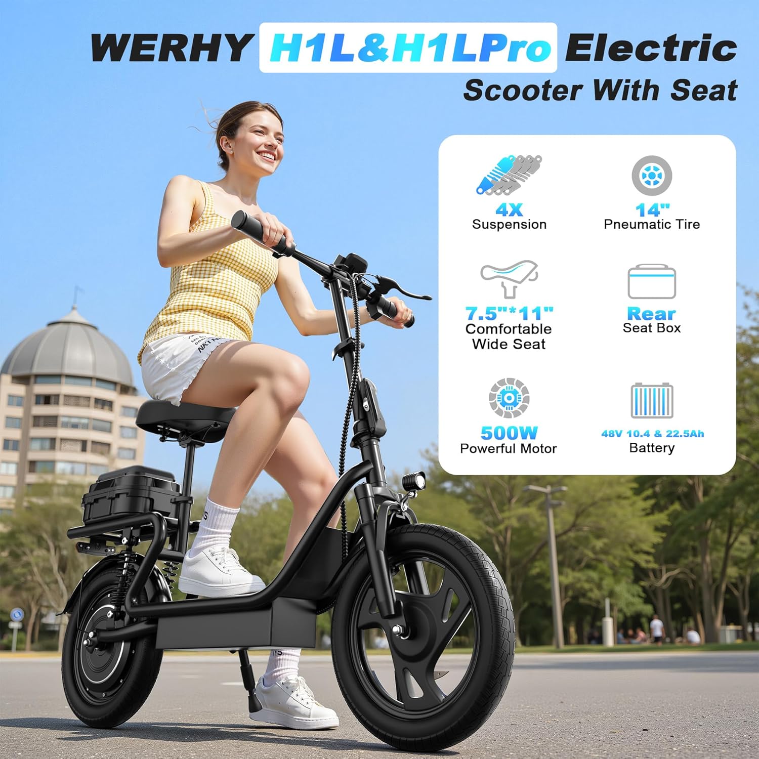 WERHY Electric Scooter,500W Motor, 14'' Tires, Top Speed 22 mph, Max 27/49 Miles Ranges, Foldable E-Scooter with Suspension &Adult, Digital Display, Cruise Control,Rear Seat Box