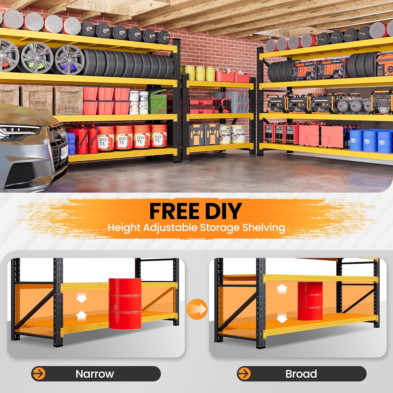 71”W Garage Shelving Units, 5000LBS Storage Shelves Heavy Duty, 24" Deep Metal Shelving Rack, 4 Tier Large Tall Industrial Shelving , Adjustable Standing Shelf for Warehouse / Shop 71"W x 24"D x 70"H
