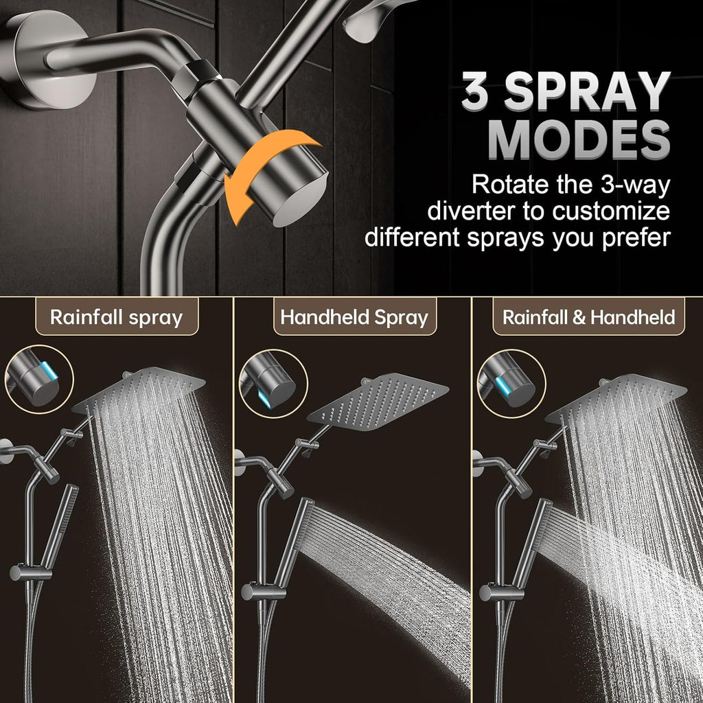 Veken All Metal 10" Gunmetal Gray Shower Head with Handheld, Luxurious Square Double Rain Shower Heads with Spray Combo, Dual High Pressure Detachable Rainfall Showerhead with Extension Arm, Long Hose