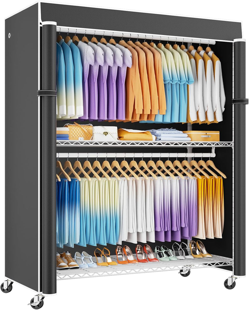 ULIFHOME P8C Max Heavy Duty Clothes Rack（With Extended Width Design） Rolling Clothing Racks for Hanging Clothes with Lockable Wheels，51.2"W x 15.8"D x 80.5"H，Load 700LBS，White Rack with Black Cover