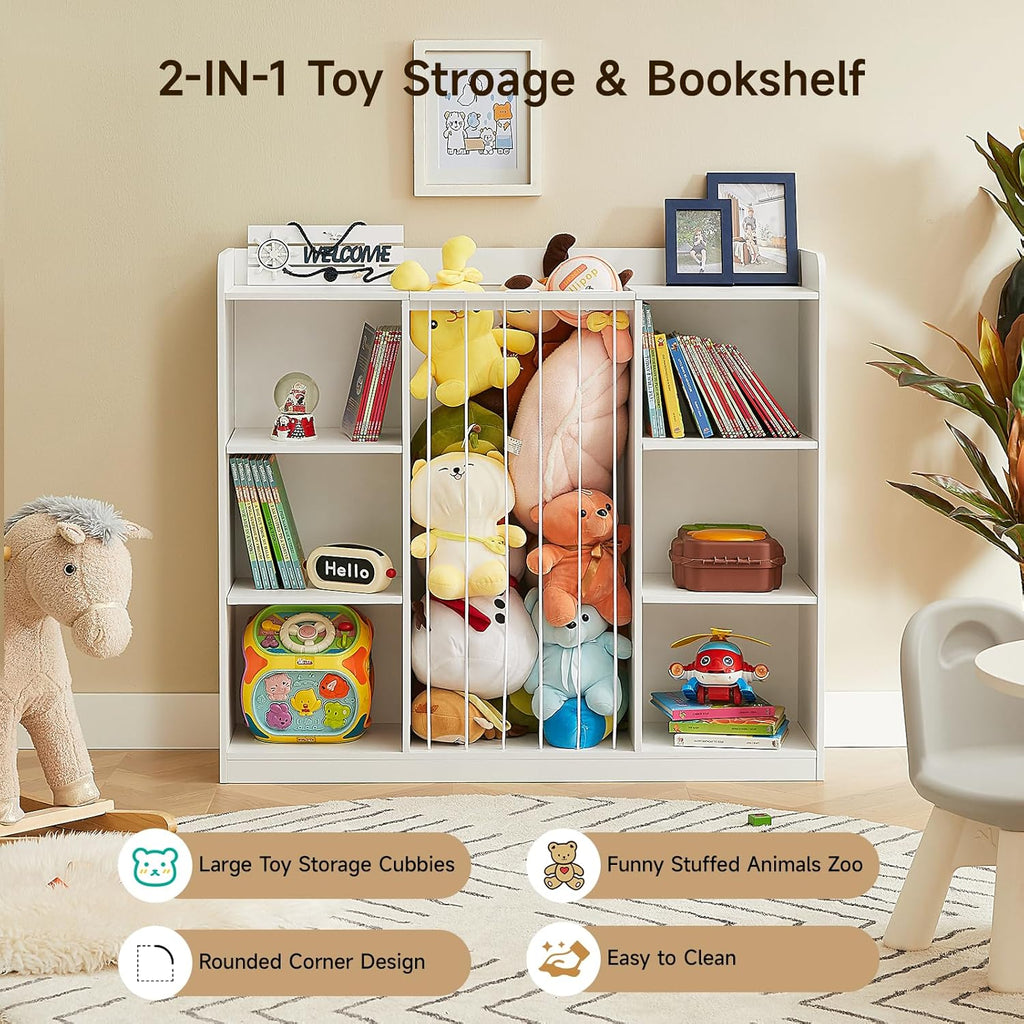 Toddler Stuffed Animal Zoo, Toy Storage Organizer for Playroom, Plush Toy Organizers and Storage, Book Shelf for Kids Rooms, Elastic Band Child Bookcase, Toy Shelf with 8 Storage Cubbies (White)