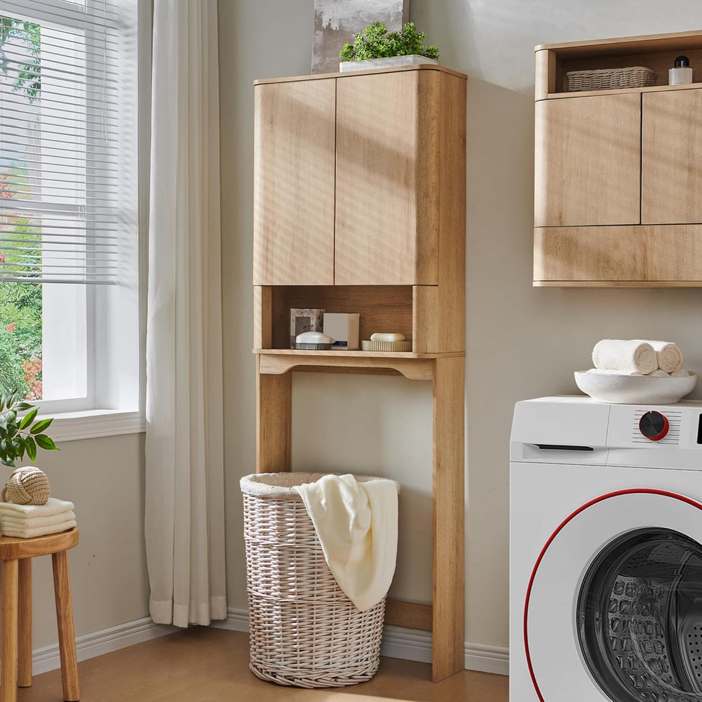 JXQTLINGMU Modern Over The Toilet Storage Cabinet, 67 Inch Tall Wooden Bathroom Cabinet with Adjustable Shelf & Handle-Less Double Doors, Natural Oak