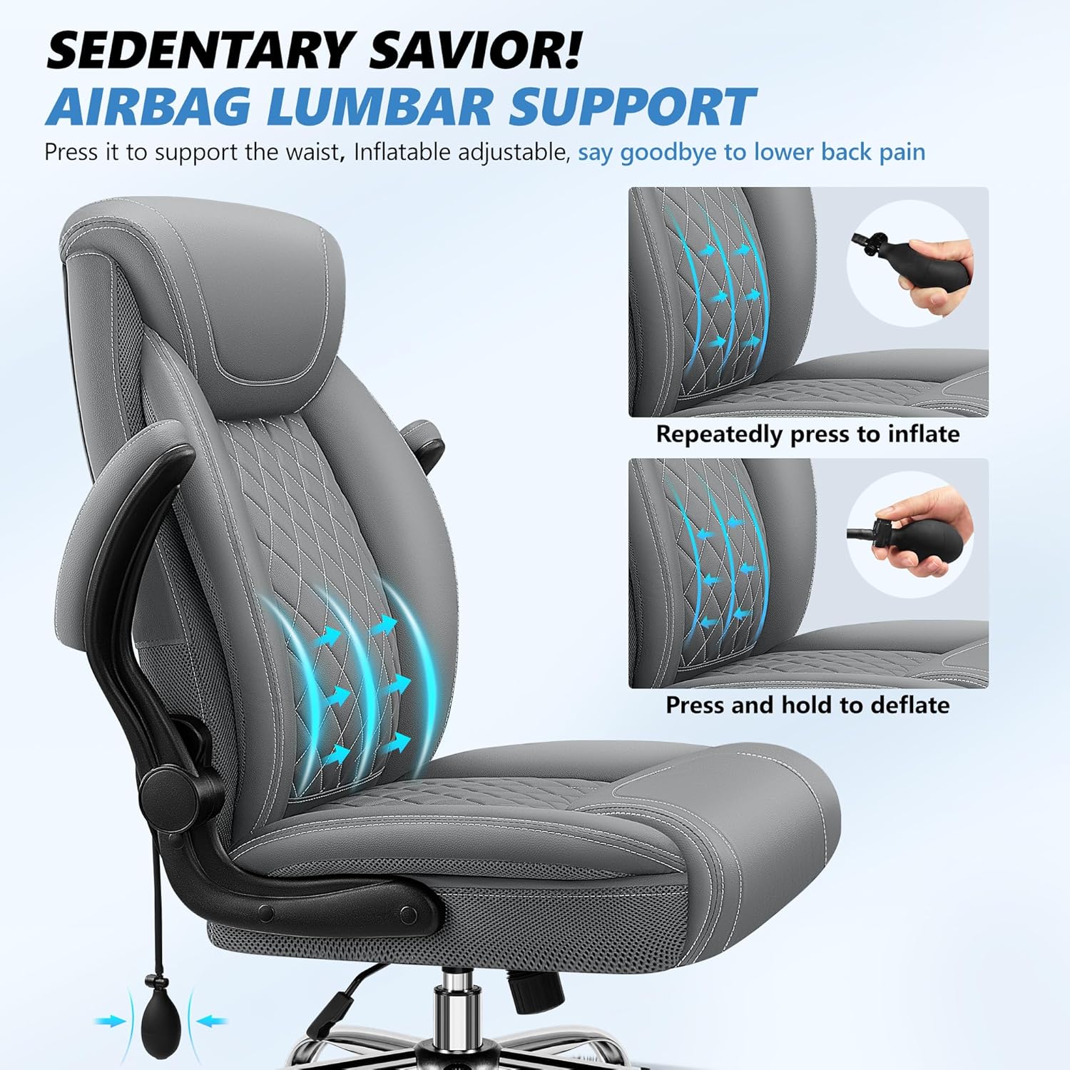 Office Chair, Big and Tall Ergonomic Desk Chair, Executive Leather Computer Chair with Adjustable Lumbar Support, Comfy Gaming Chair with Flip Up Arms, Swivel PC Chair with Rocking Function, Gray
