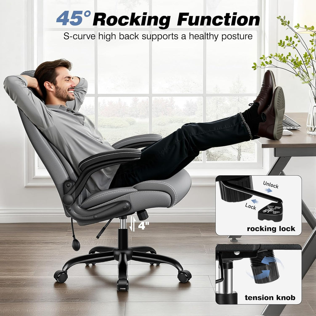 BESTFAIR Ergonomic Office Chair - Desk Computer Chair, Leather High Back Executive Chairs with Adjustable Lumbar Support for Adults, Rolling Swivel Tilt, Gray
