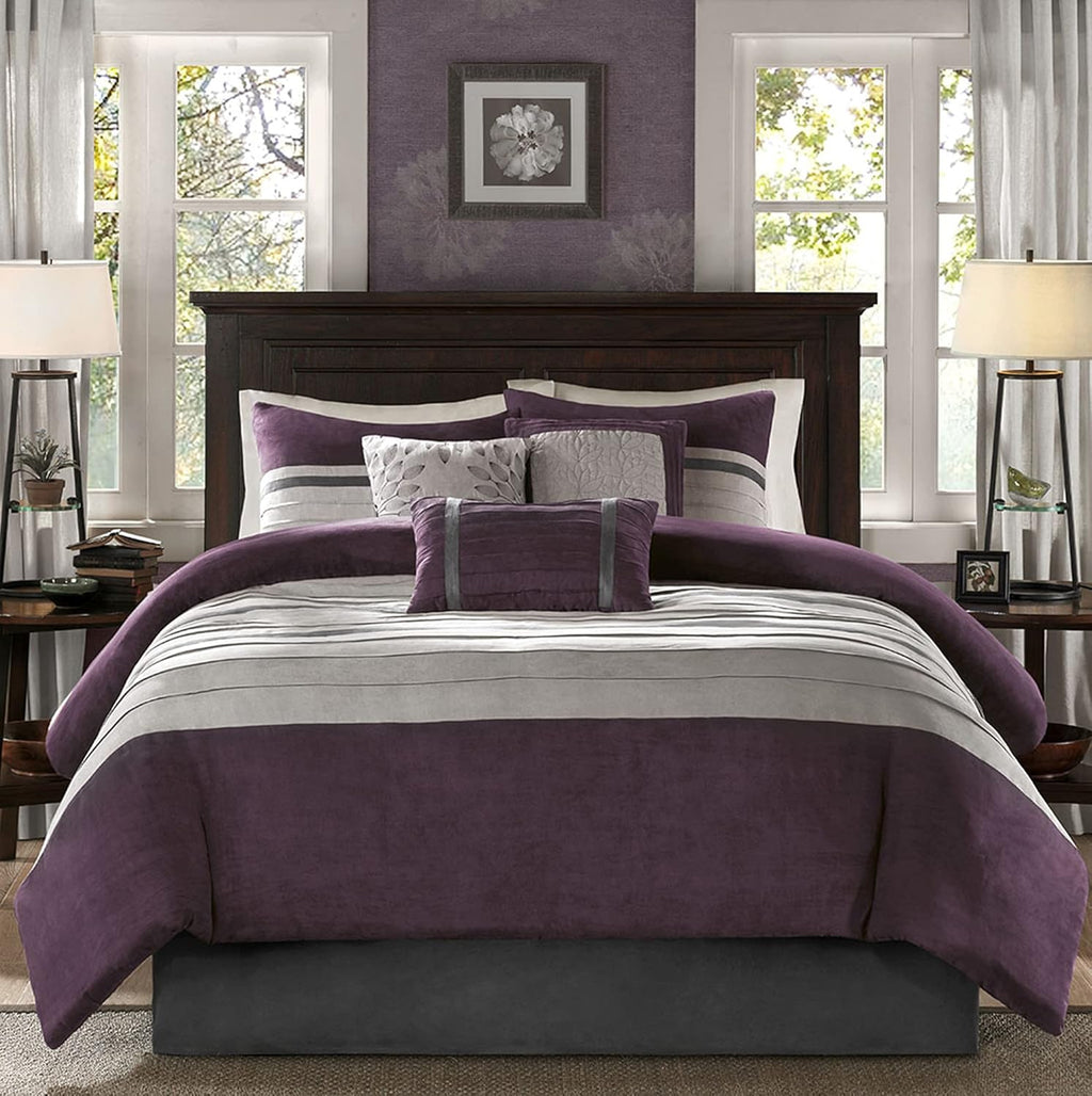 Madison Park - Palmer 7 Piece Comforter Set - Plum - California King - Pieced Microsuede - Includes 1 Comforter, 3 Decorative Pillows, 1 Bed Skirt, 2 Shams,Purple