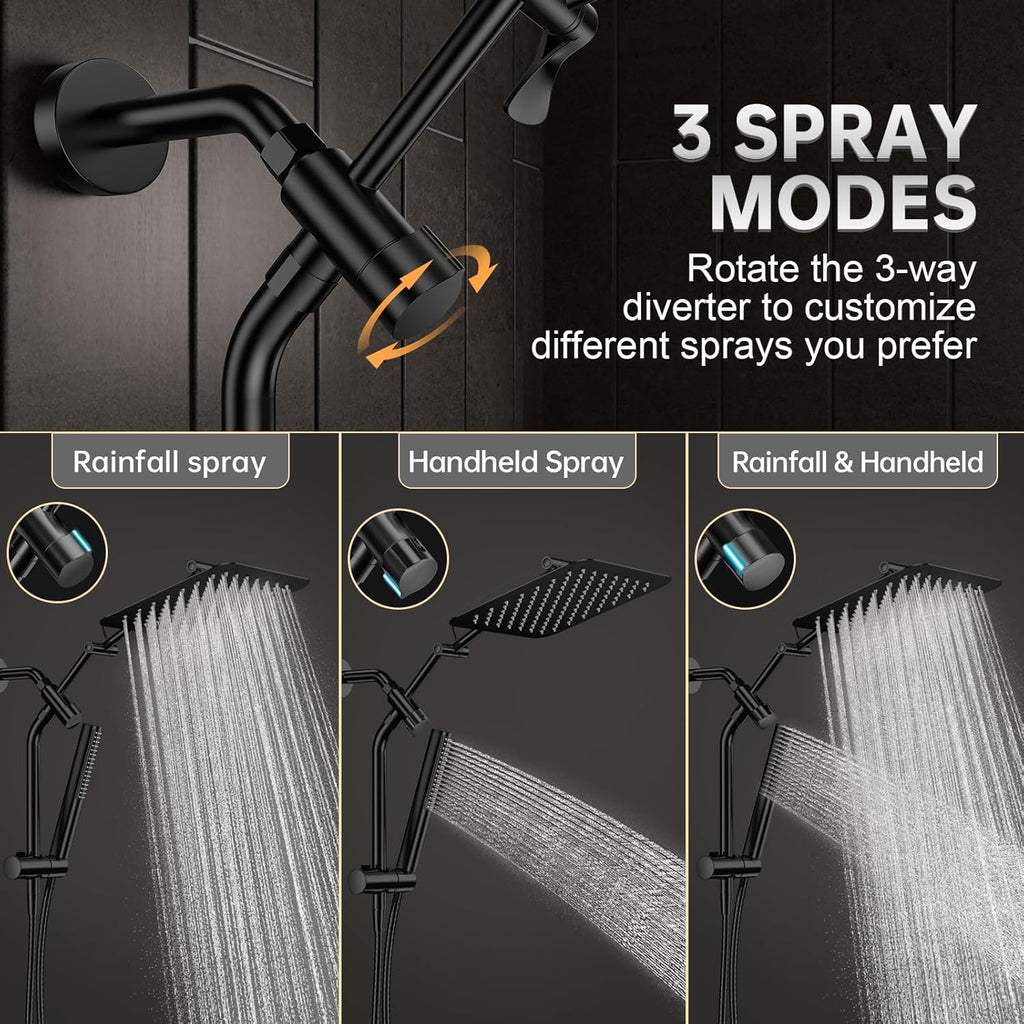 Veken All Metal 10" Black Shower Head with Handheld, Luxurious Square Double Rain Shower Heads with Power Wash Hand Held,Dual High Pressure Detachable Rainfall Showerhead with Arm,Bathroom,Matte Black