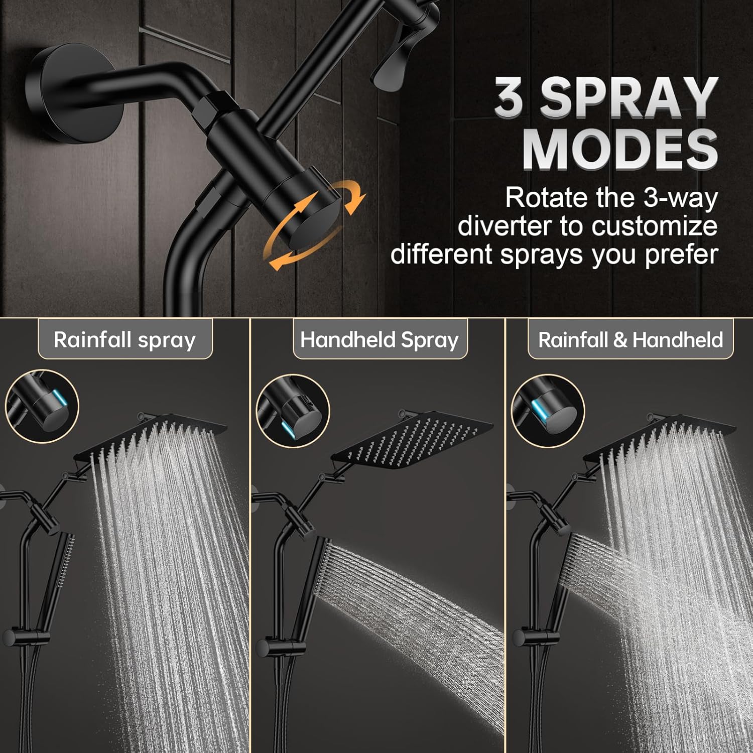 Veken All Metal 10" Black Shower Head with Handheld, Luxurious Square Double Rain Shower Heads with Power Wash Hand Held,Dual High Pressure Detachable Rainfall Showerhead with Arm,Bathroom,Matte Black