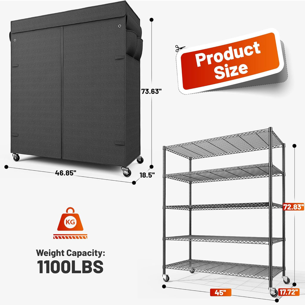 REIBII 45''W Storage Shelves with Cover & Wheels, Metal Shelving Waterproof Dustproof, Wire Shelving Unit Covers, Garage Storage Rack Wire Shelf for Kitchen Pantry, Storage Room, 45Wx17.72Dx72.83H