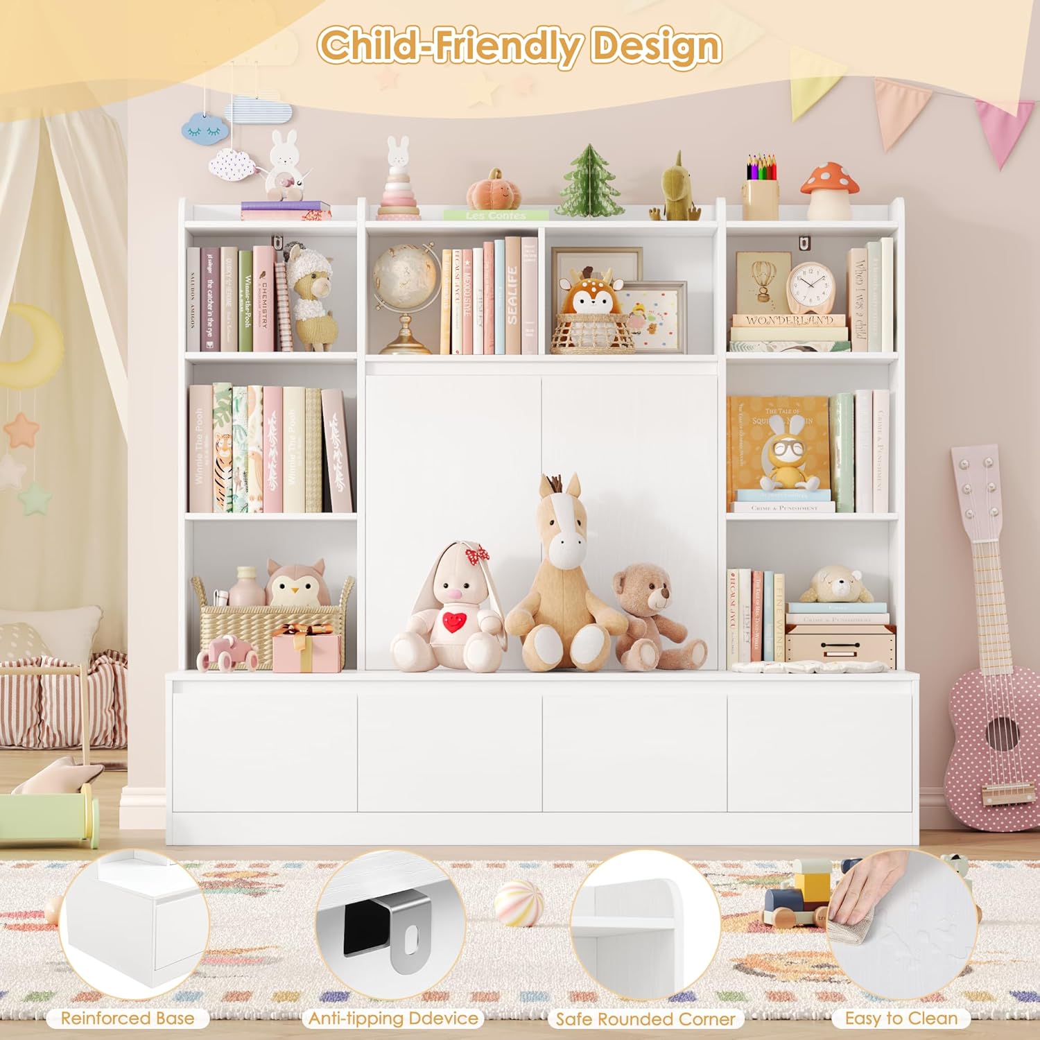 HIFIT 4-In-1 Kids Bookshelf and Toy Storage Organizer with Bench, 10-Cube Kids Bookcase with Reading Nook & 4 Sliding-Drawers & 2 Doors, Toy Chest Storage Cabinet for Playroom, Nursery,Classroom,White