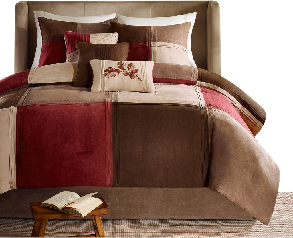 Madison Park Cozy Comforter Set Casual Blocks Design All Season, Matching Bed Skirt, Decorative Pillows, King(104"x92"), Red Brown, 7 Piece