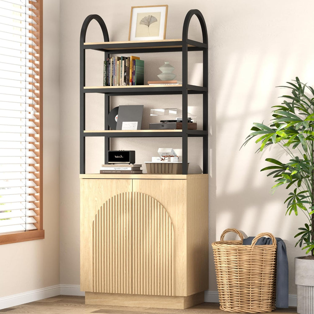 Brafab 71" Arched Bookcase with Reeded Design Doors, 7-Tier Bookshelf with Storage and Cabinet,Metal Frame Adjustable Shelves, for Living Room, Office, Library,Study (Natural Oak, 1 PCS)