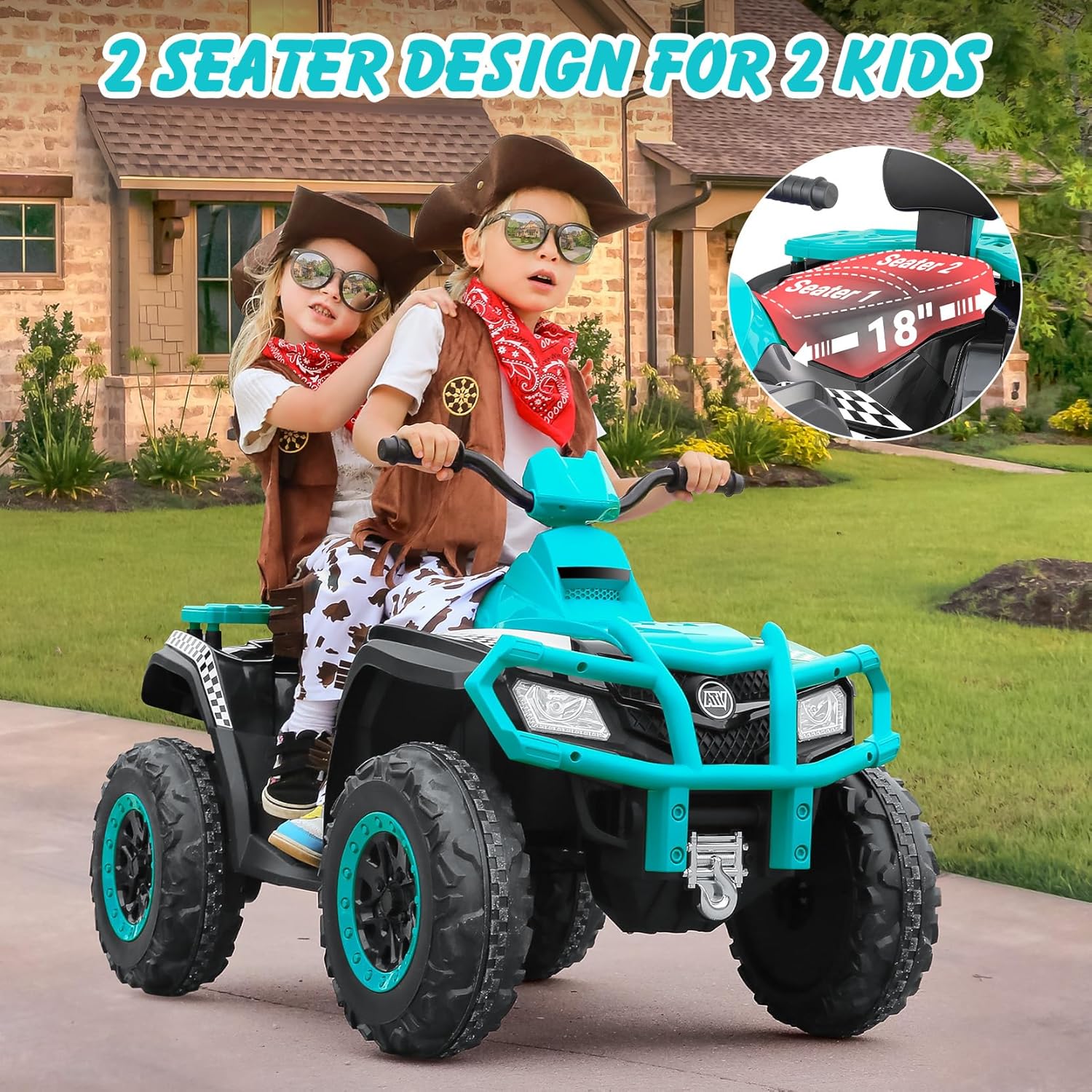 ELEMARA 24V 2 Seater Ride on ATV for Big Kids, Kids 4 Wheeler Battery Operated Toy, 5mph Max Speed,Electric Vvehicle,LED Headlights,Music,ATV for Kid Electric Quad for Boys & Girls, Light Green