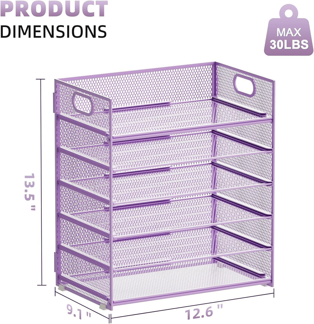 Marbrasse 2 Pack Desk Organizer with Handle, 6 Tier Paper Letter Tray, Mesh Desk File Organizer for Office, School and Home - Purple