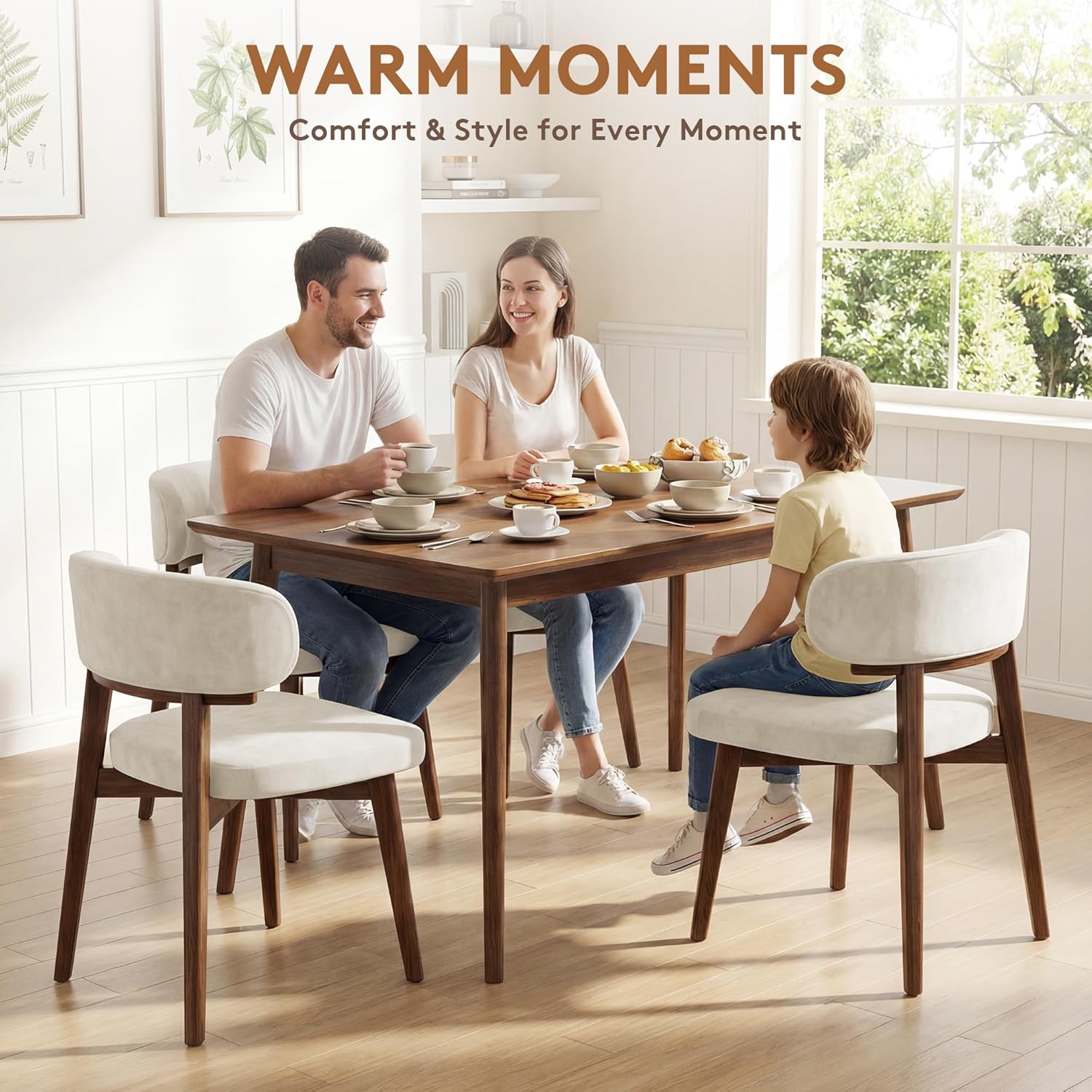 Dining Chairs Set of 4, Modern Upholstered Dining Chairs, Wooden Kitchen Chairs for Dining Room with Ergonomic Curved Backrest