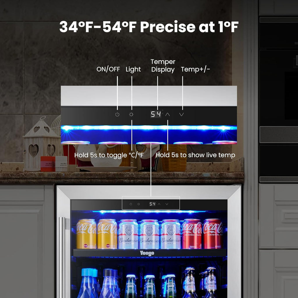 24 Inch Beverage Refrigerator – 180 Can Built-In Under Counter Drink Fridge with Glass Door, 34–54°F Cooling for Beer, Soda & Wine (Right-Hinged)