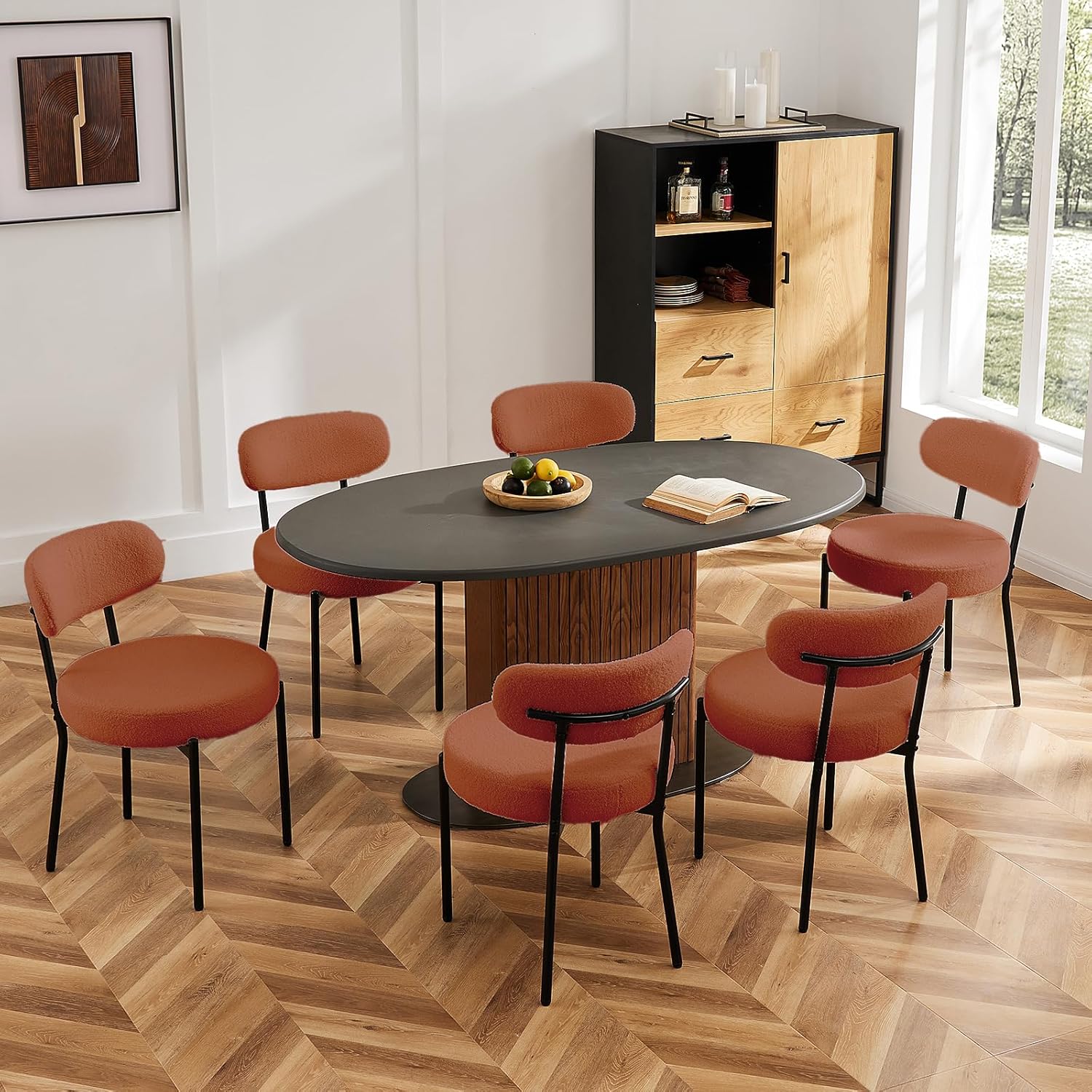 DUMOS Dining Chairs Set of 4, Mid Century Modern Chair Round Upholstered Curved Backrest, Kitchen Vanity Living Room Chairs with Black Metal Legs, Orange