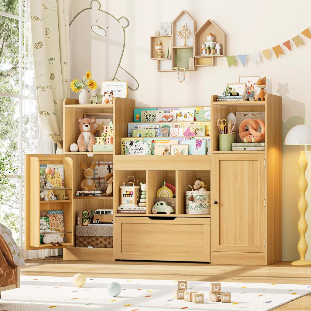 FOTOSOK Toy Storage Organizer with 2 Doors and Movable Drawer, 55.2'' W Toy Organizers and Storage with 9 Cubbies, Kids Bookshelf with Toy Shelf, Playroom Storage Toy Chest Cabinet for Playroom