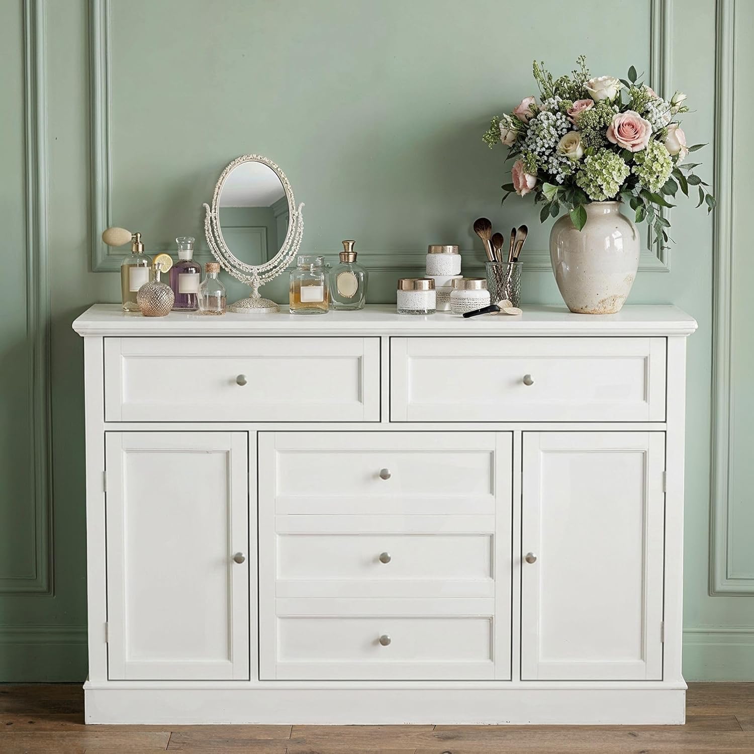Timechee 46“ Baby Dresser with Changing Table Top, White Dresser with Storage Drawers and Doors for Nursery, Multifunctional Nursery Baby Changing Table Dressers, Diaper Station Cabinet for Kids Room