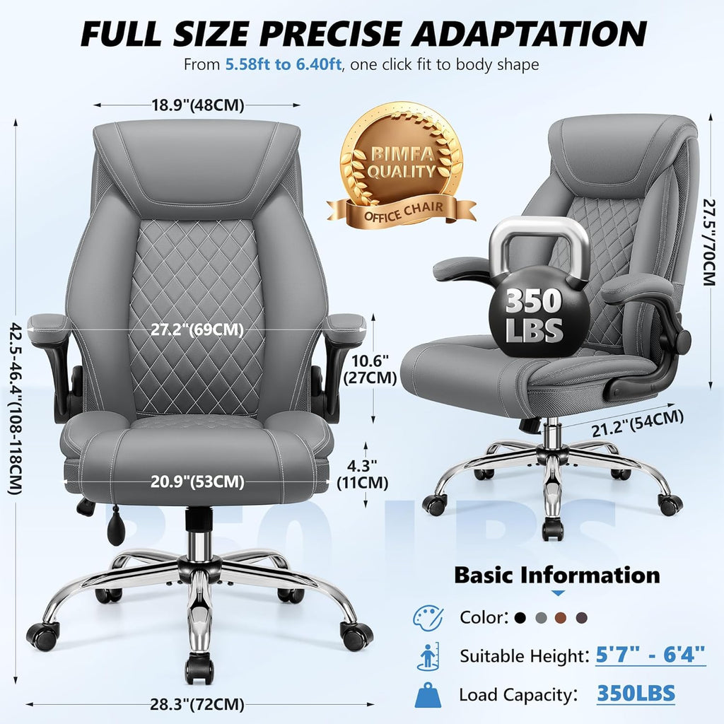 Office Chair, Big and Tall Ergonomic Desk Chair, Executive Leather Computer Chair with Adjustable Lumbar Support, Comfy Gaming Chair with Flip Up Arms, Swivel PC Chair with Rocking Function, Gray
