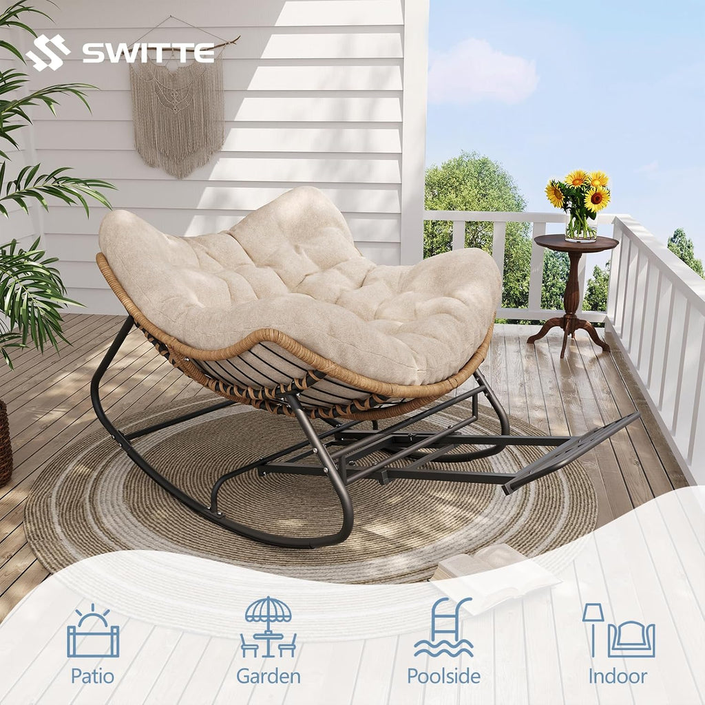 SWITTE Outdoor Rocking Chair with Footrest, Oversized Patio Papasan Rocker, Comfy Wicker Reading Lounge, Indoor Bed-Like Egg Chair for Bedroom,Balcony, Porch, Garden, Natural