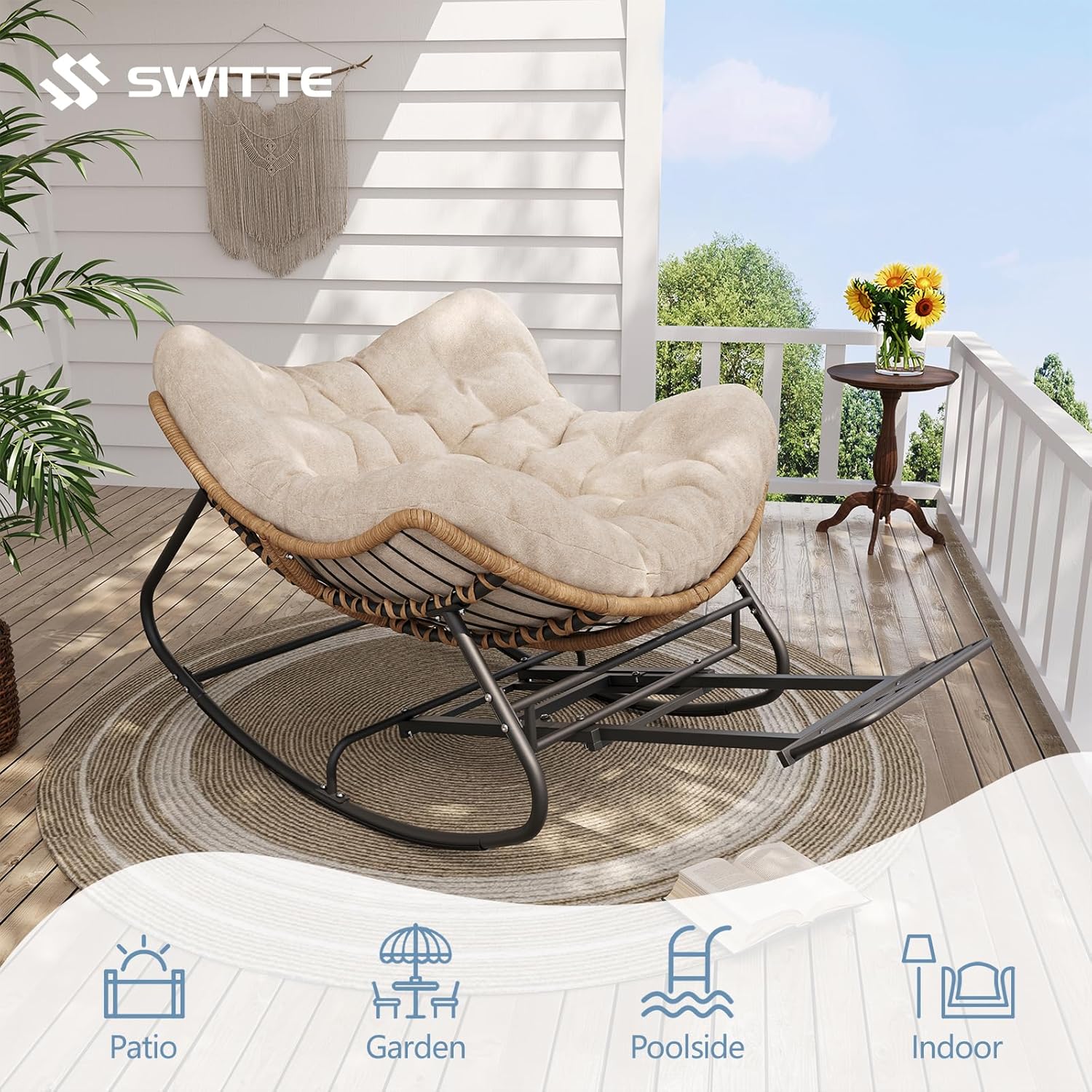 SWITTE Outdoor Rocking Chair with Footrest, Oversized Patio Papasan Rocker, Comfy Wicker Reading Lounge, Indoor Bed-Like Egg Chair for Bedroom,Balcony, Porch, Garden, Natural