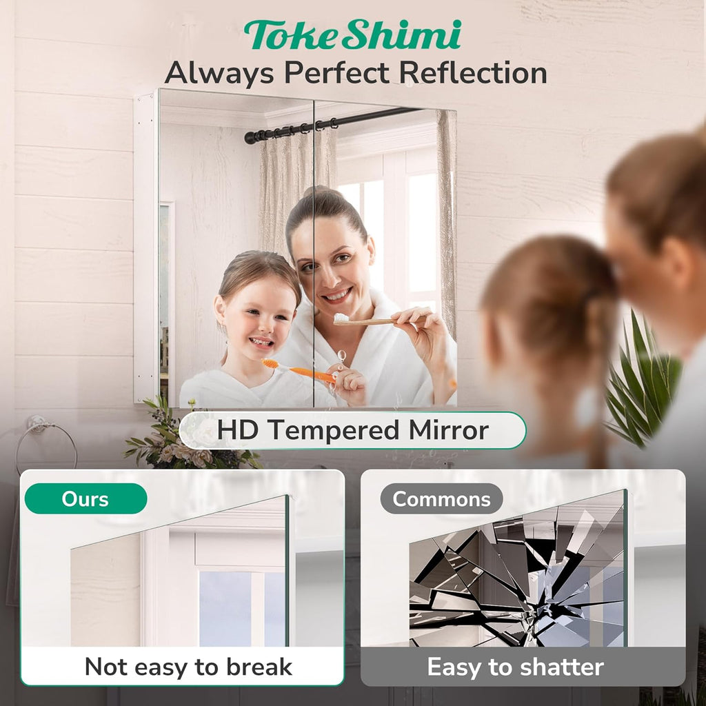 TokeShimi 20x26 Medicine Cabinet Mirror with Storage Tempered, Aluminum Surface Mount or Recessed Medicine Cabinet White with Adjustable Shelves for Bathroom Vanity Modern Farmhouse