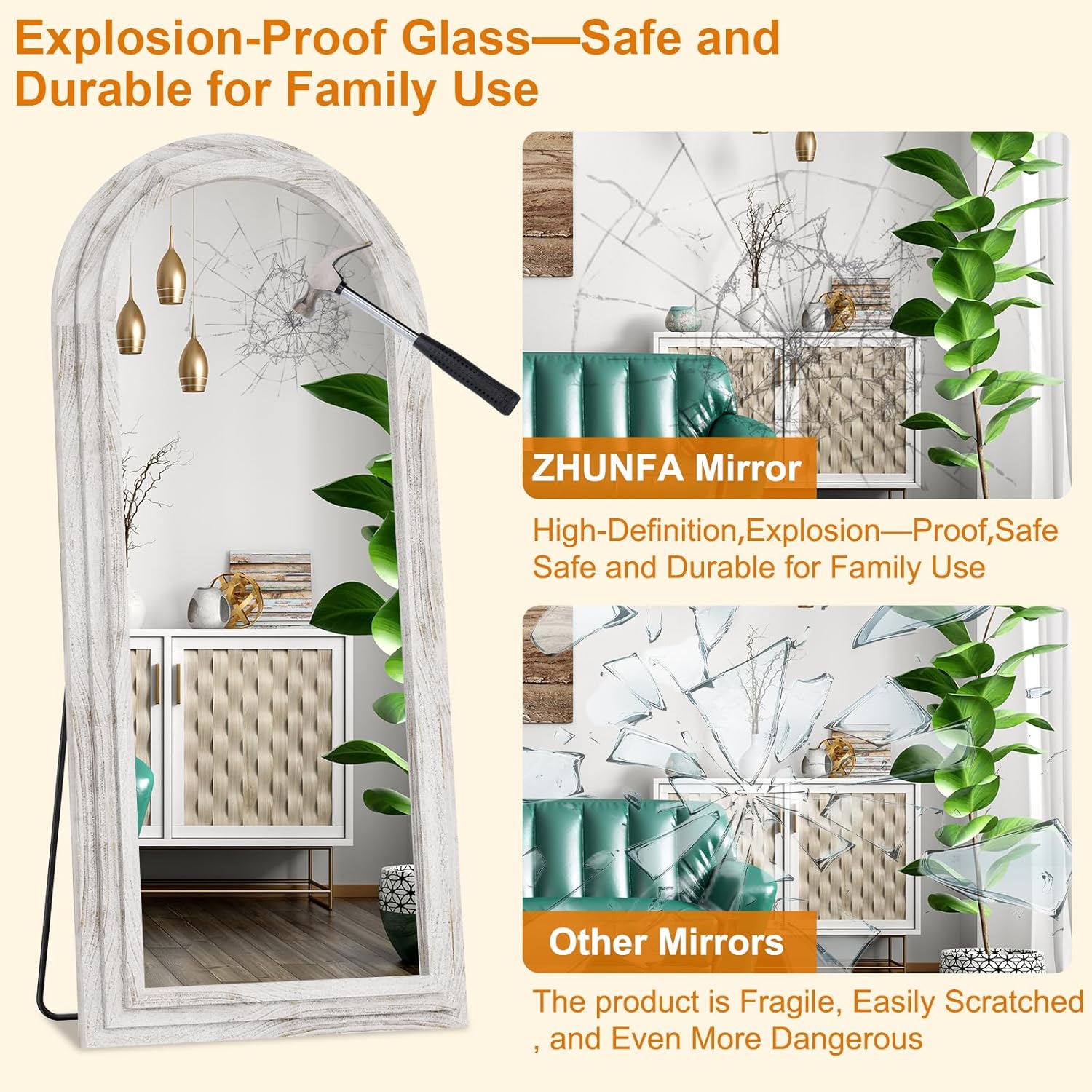 ZHUNFA External Three-Layer Arched Full Length Mirror with Solid Wood Frame,65x22 Modern Farmhouse Decor Standing Mirror Full Length,Wall Mounted,Leaning,Standing for Bedroom,Living Room,White.