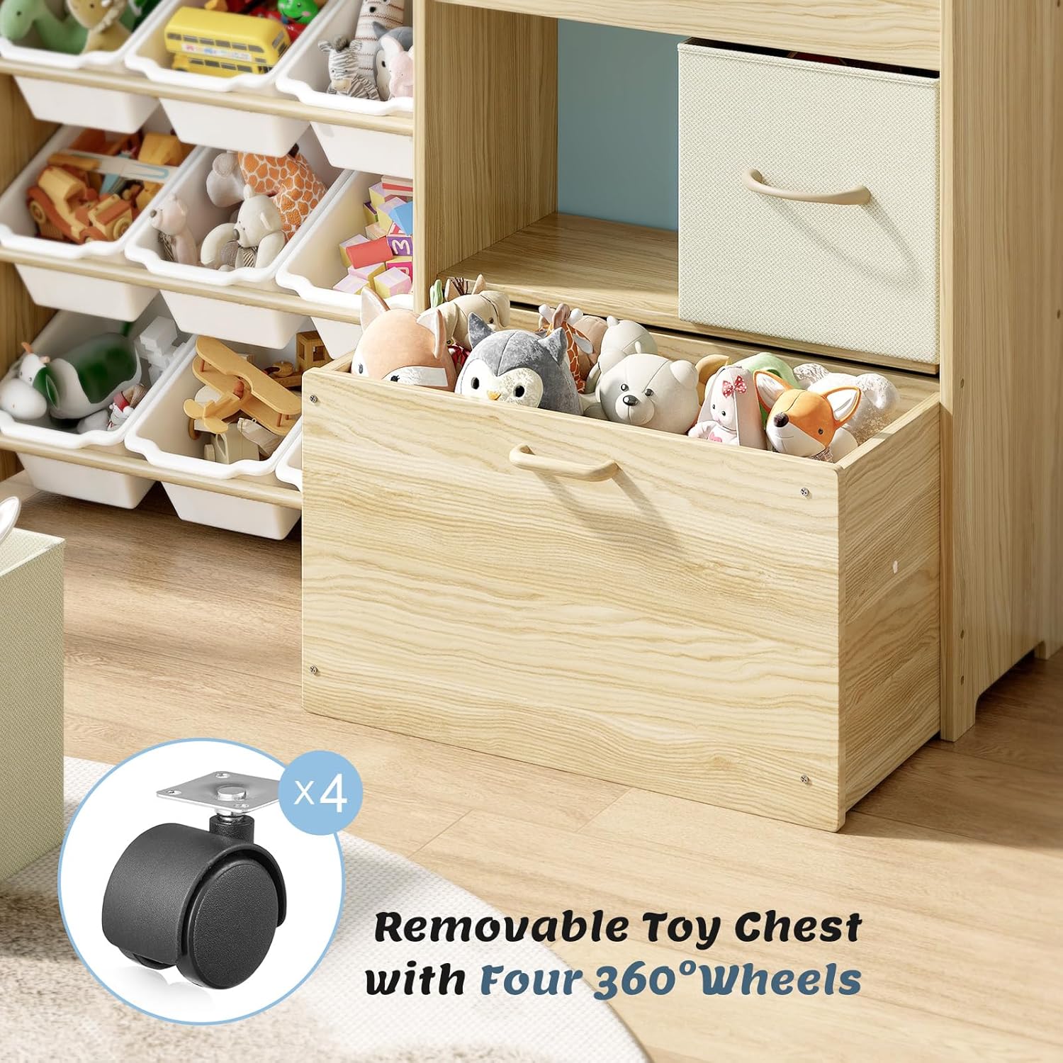 EXPERLAM Toy Storage Organizer for Kids, 9-Bin Toy Organizer with 2-Drawers, Movable Toy Chest and Top Rack, Multifunctional Kids Bookshelf and Toy Storage for Playroom, Bedroom, Nursery, White