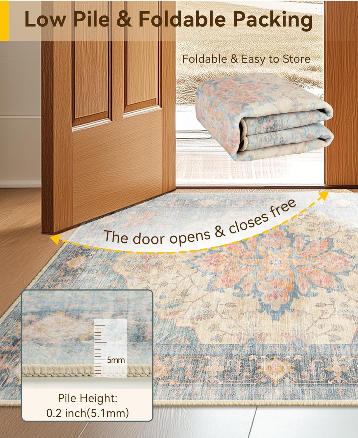RELEANY Area Rugs 9'x12' Washable Non-Slip, Floral Vintage Distress Print Pattern Medallion Carpet for Living Room Bedroom Dining Room, Blue Orange Red