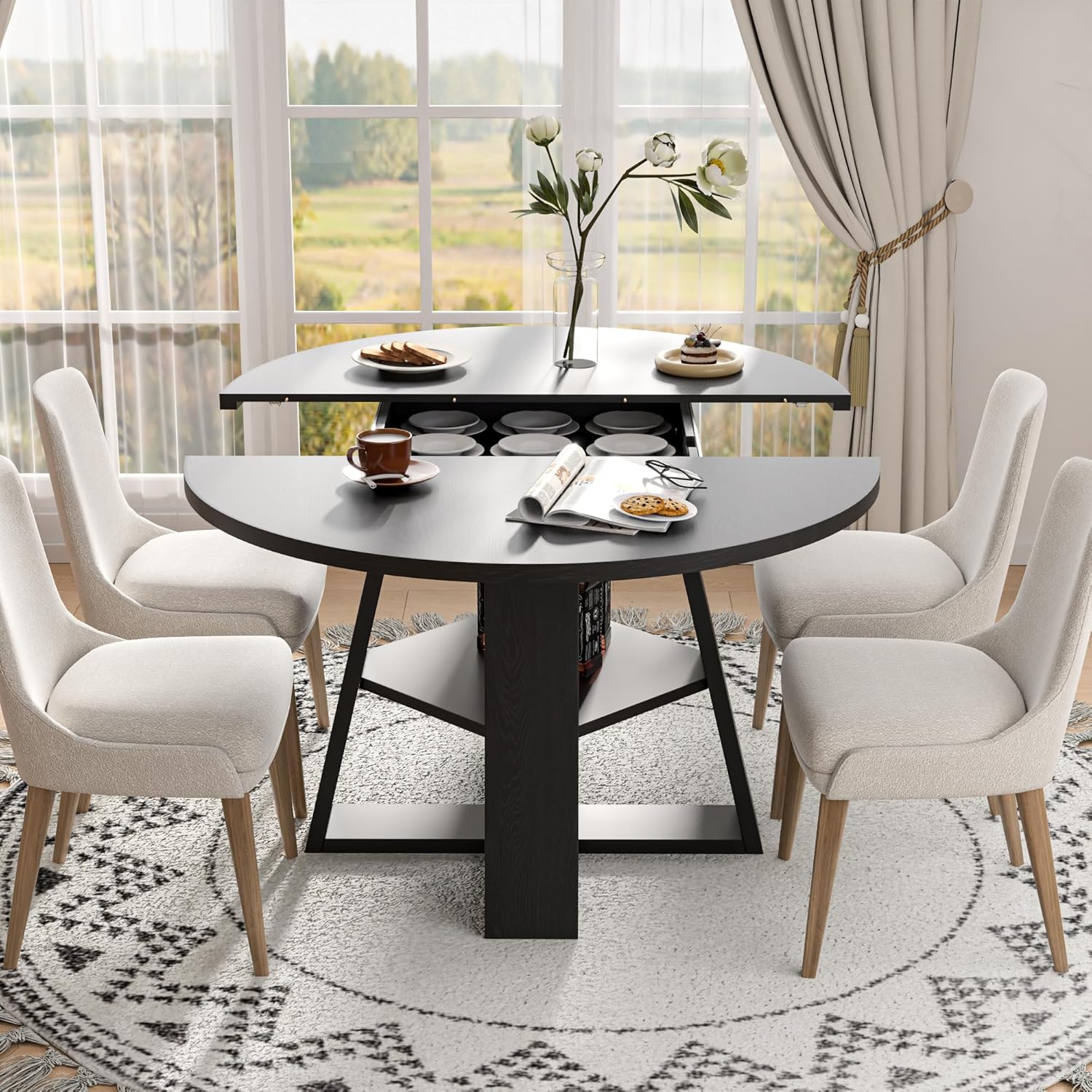 43.3in-59in Extendable Round Dining Table for 4-8,Modern Kitchen Oval Dining Table with Removable Leaves Space Saving,Wood Base with Storage Shelf for Kitchen Living Room (Black)