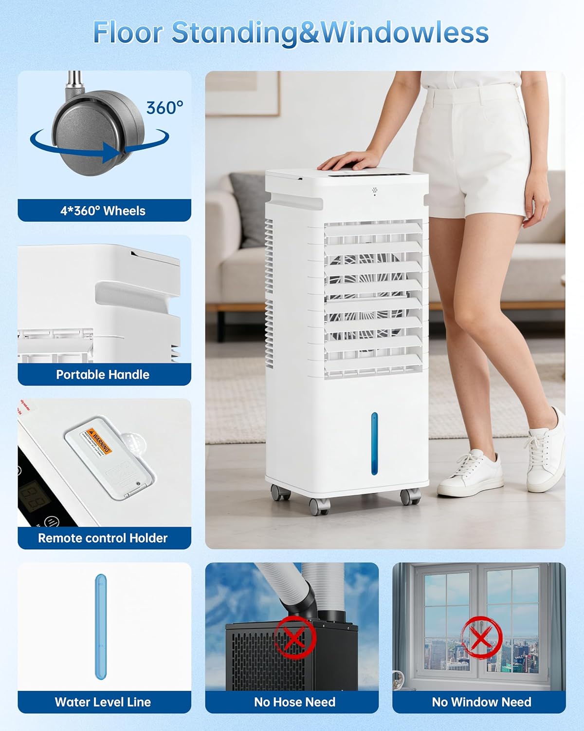 Portable Air Conditioners, Swamp Cooler Portable AC Unit for Room, Windowless Cooling Fan That Blow Cold Air w/Remote 5L Tank 12 Speeds 9H Timer, Evaporative Air Cooler for Bedroom Garage (White)