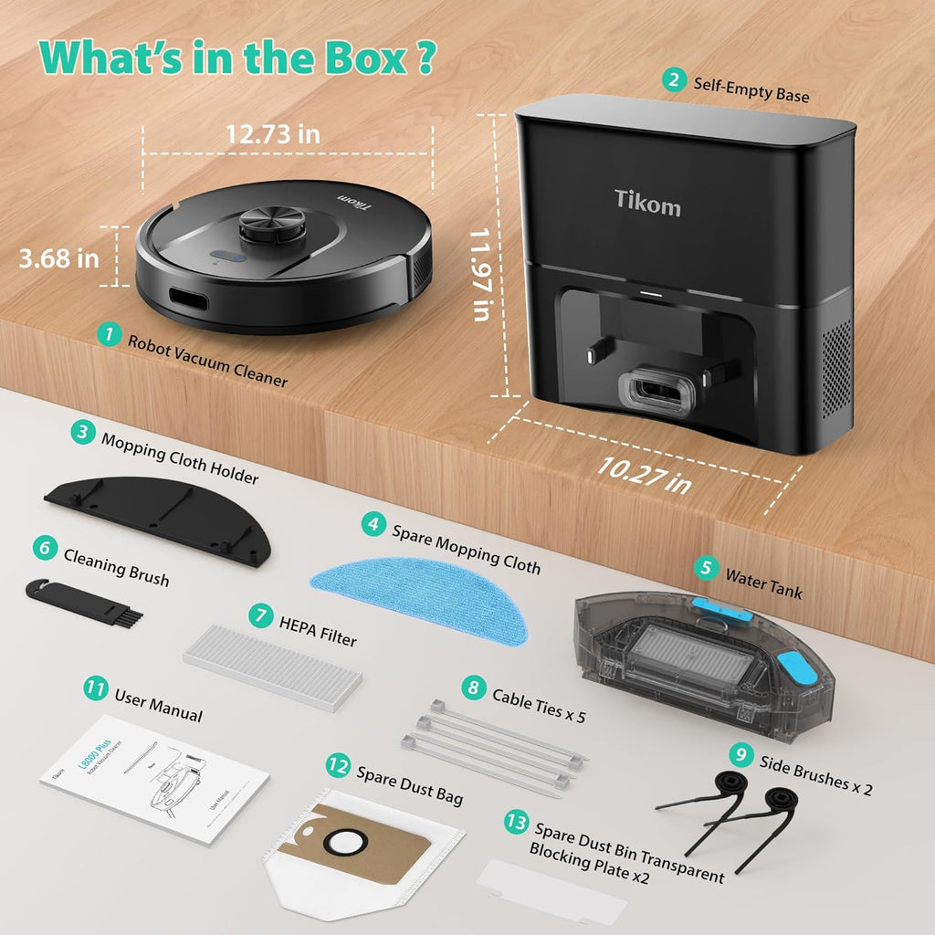 Tikom Robot Vacuum and Mop, 6000Pa Robotic Vacuum Cleaner with Self-Emptying Base, 90 Days Capacity, LiDAR Navigation, Home Mapping, Ideal for Pet Hair, Hard Floors, Carpet (L8000 Plus)