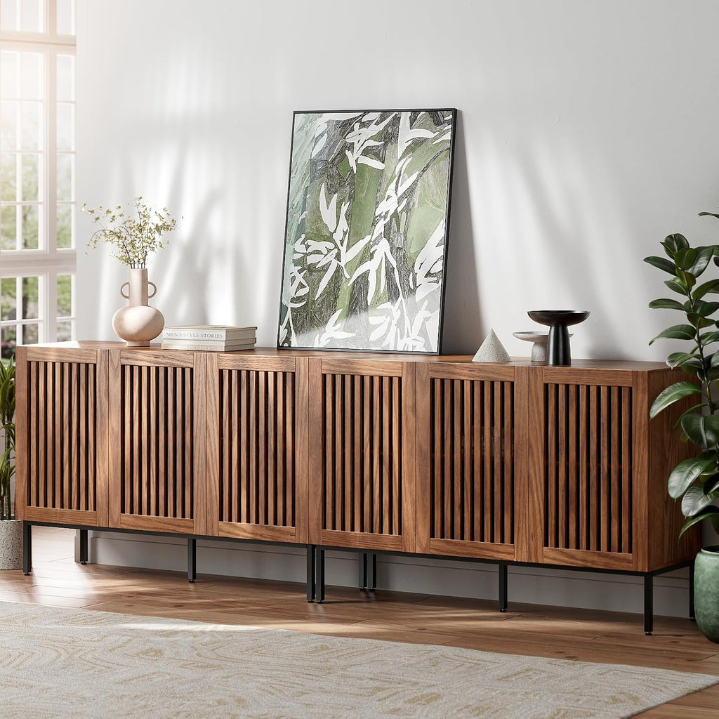 BVIUNTWO Farmhouse TV Stand for TVs up to 100 inch, 2 in 1 Entertainment Center TV Console with Storage Cabinets and Metal Base,Brown Media Console for Living Room