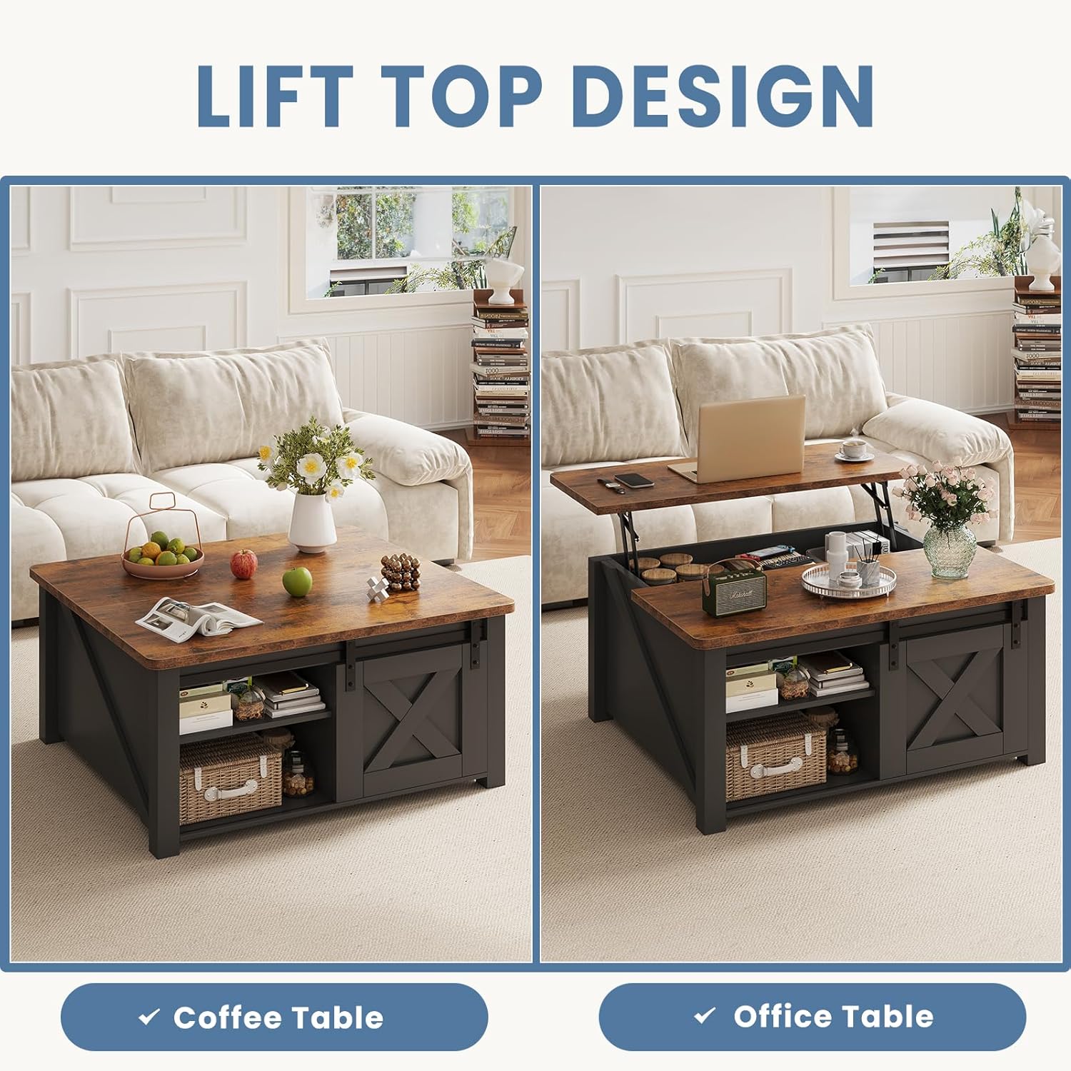 DUMOS Coffee Table, Lift Top Center Table with Storage, Square Living Room Tables with Adjustable Shelves, Wooden Center Coffee Table with Hidden Storage Compartment, Black