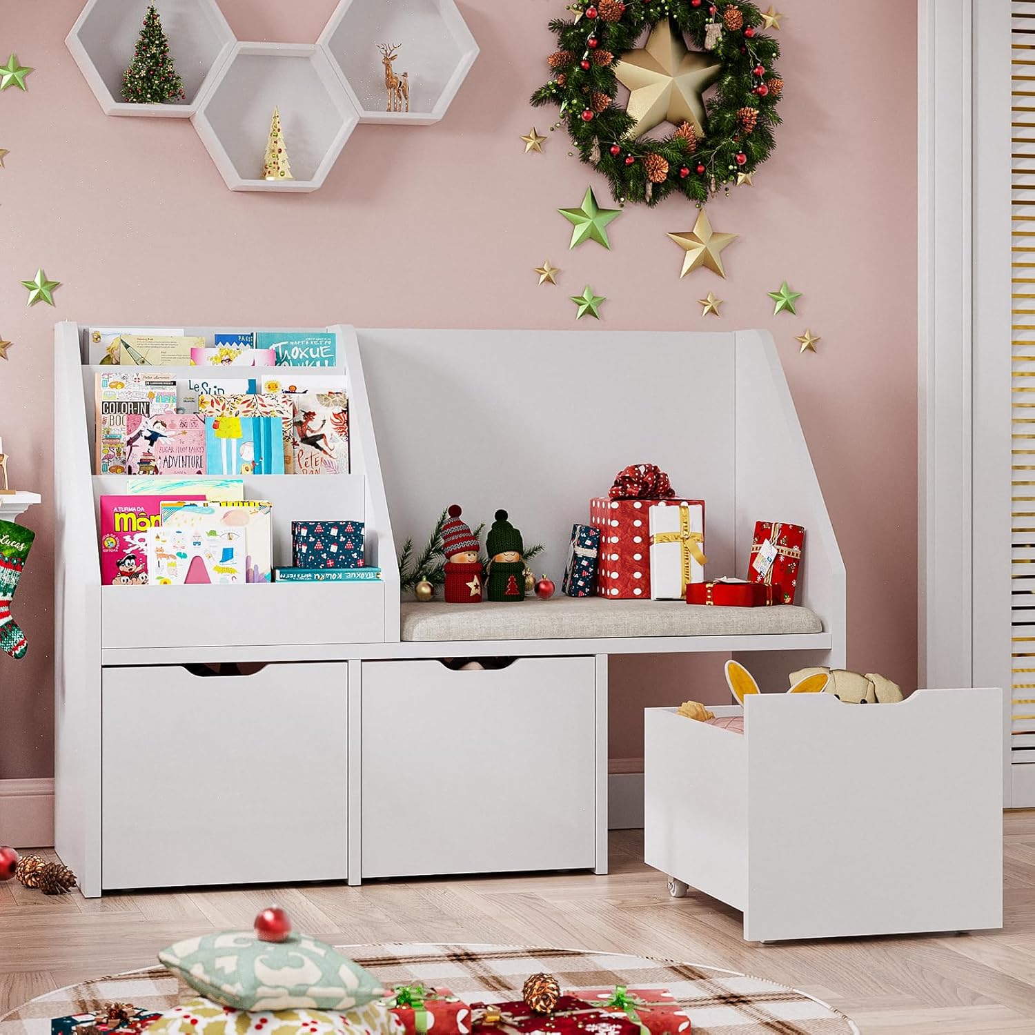 40" Kids Reading Nook with Bench, Toy Storage Organizer and Bookshelf with Seat Cushion, Kids Bookshelf with 3 Movable Drawers, Toy Storage Box on Wheels, Ideal for Nursery, Playroom, Bedroom, White