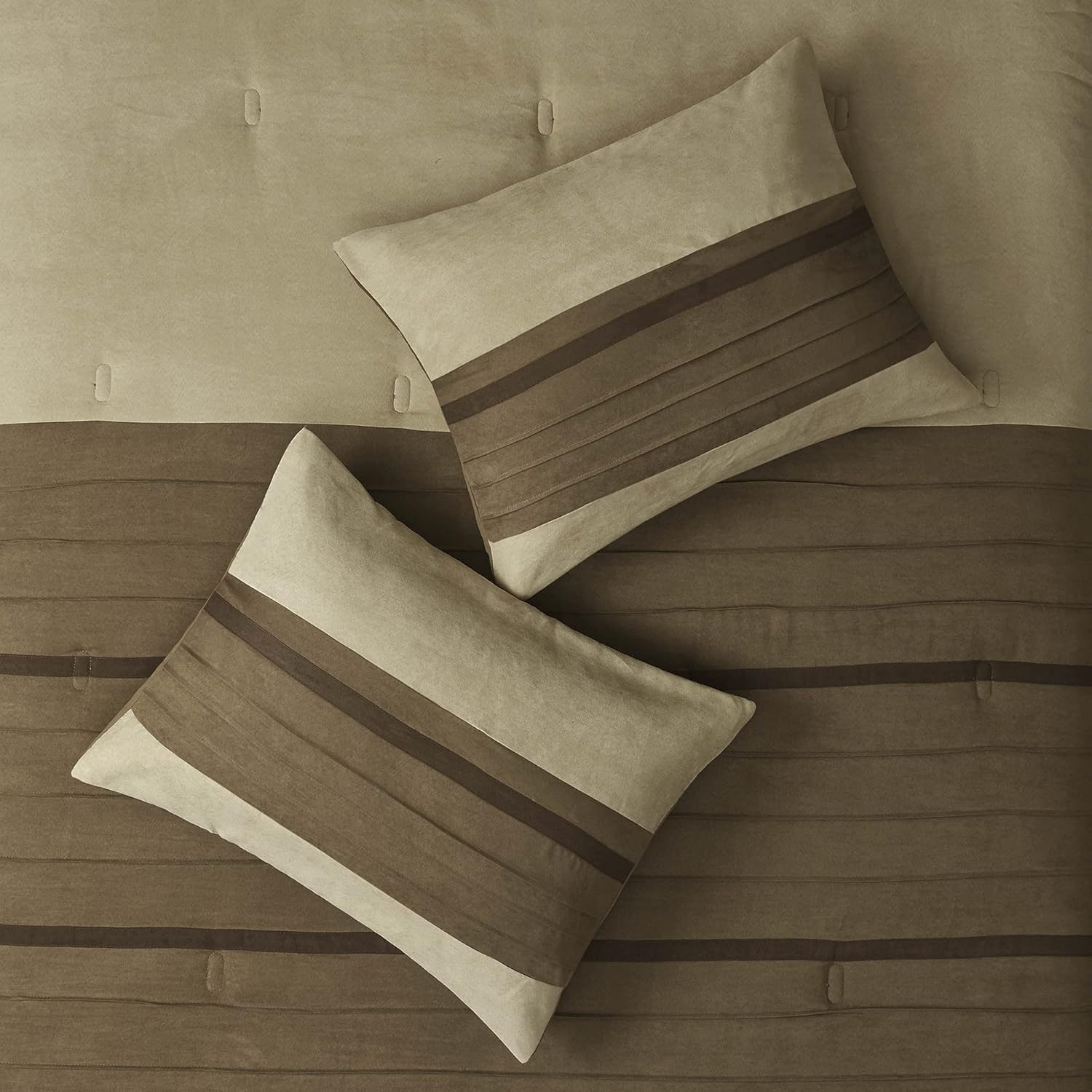 Madison Park Cozy Comforter Set-Luxury Faux Suede Design, Striped Accent, All Season Down Alternative Bedding, Matching Shams, Decorative Pillow, Natural, California King (104 in x 92 in)