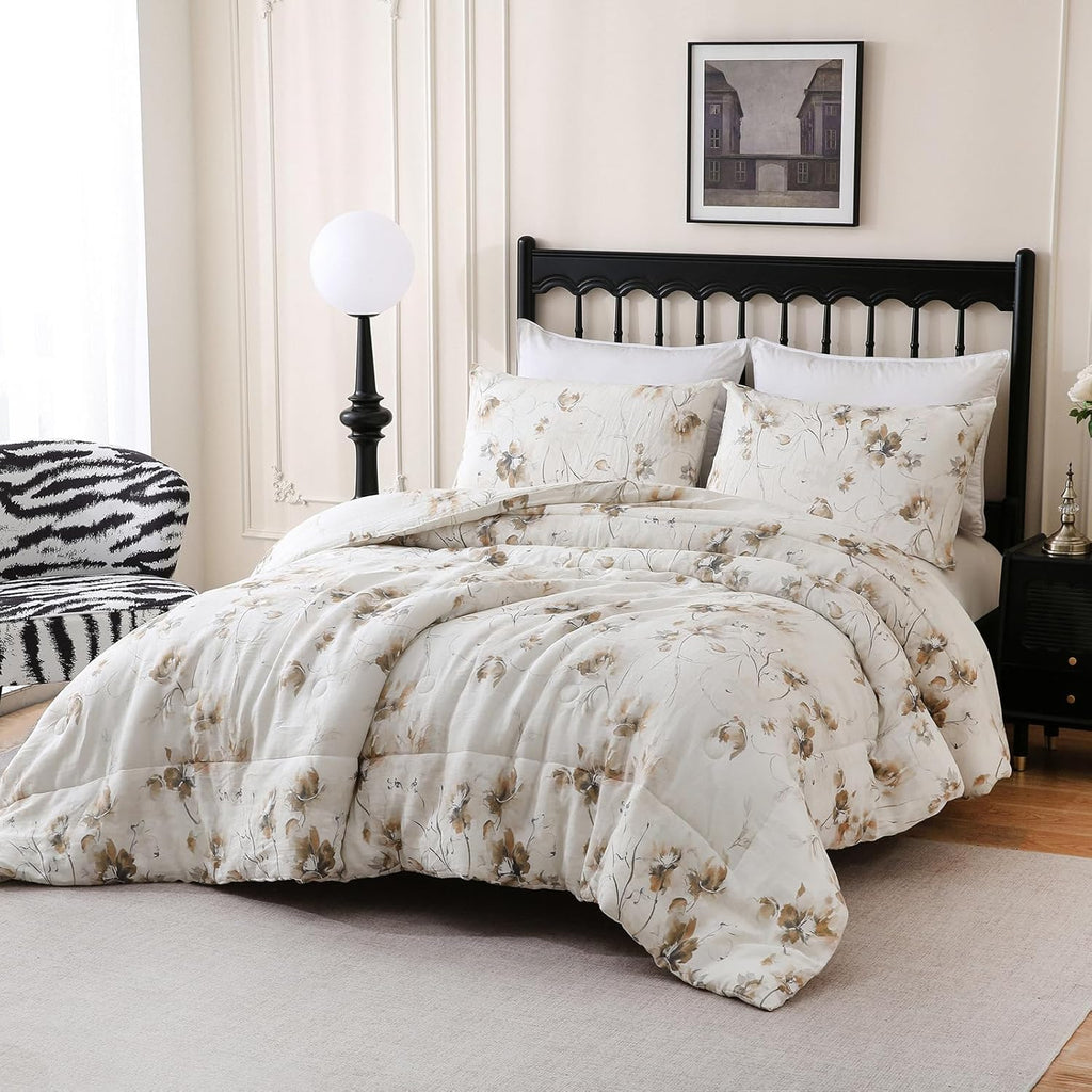 Merryword Linen Floral Comforter Set King Size 3 Pieces Natural French Flax Linen Bedding Soft Breathable Moisture Wicking Comfy