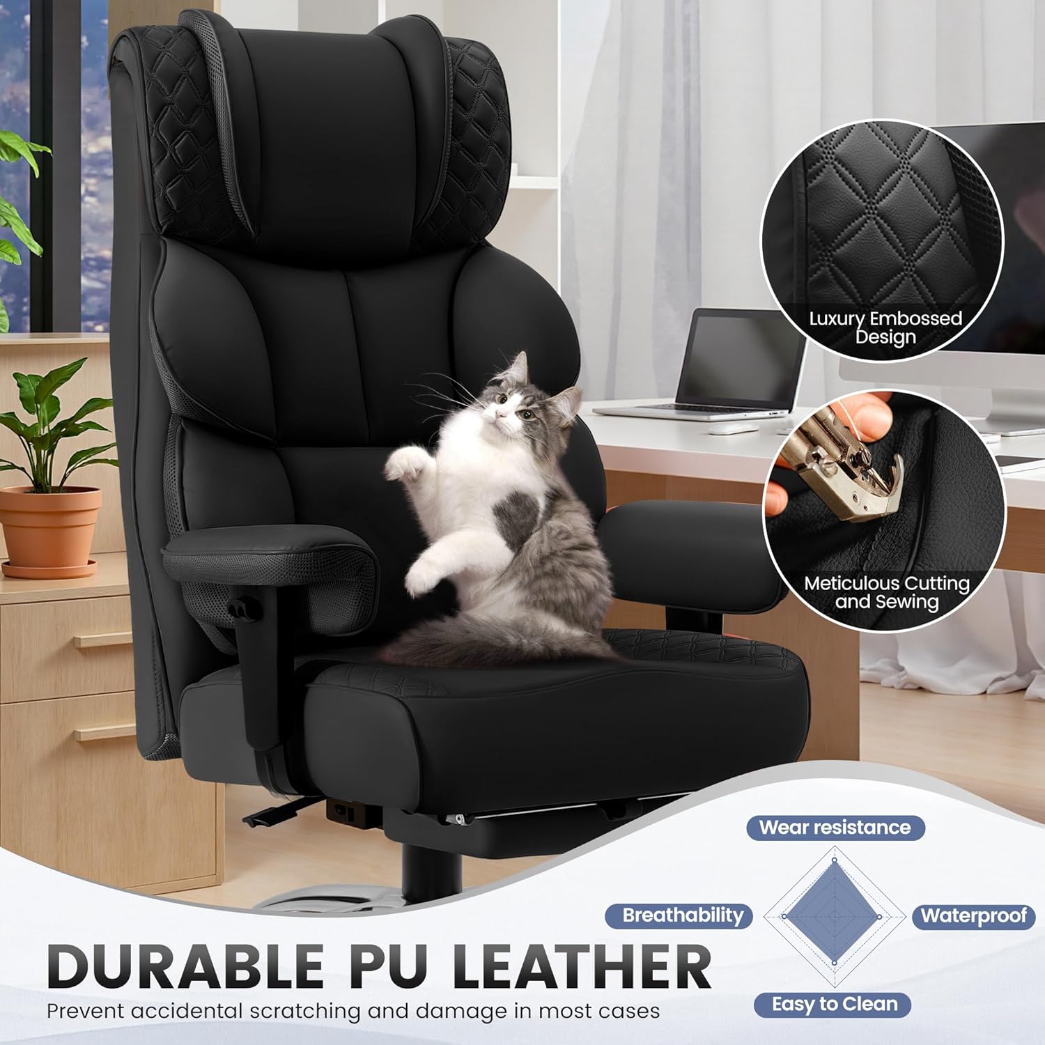 BestGlory Office Desk Chair, Big and Tall Leather Gaming Chair with Footrest, Wide Ergonomic Comfy Executive High-Back Reclining Computer Chairs, Swivel Rolling Wheels and Padded Lumbar Support, Black