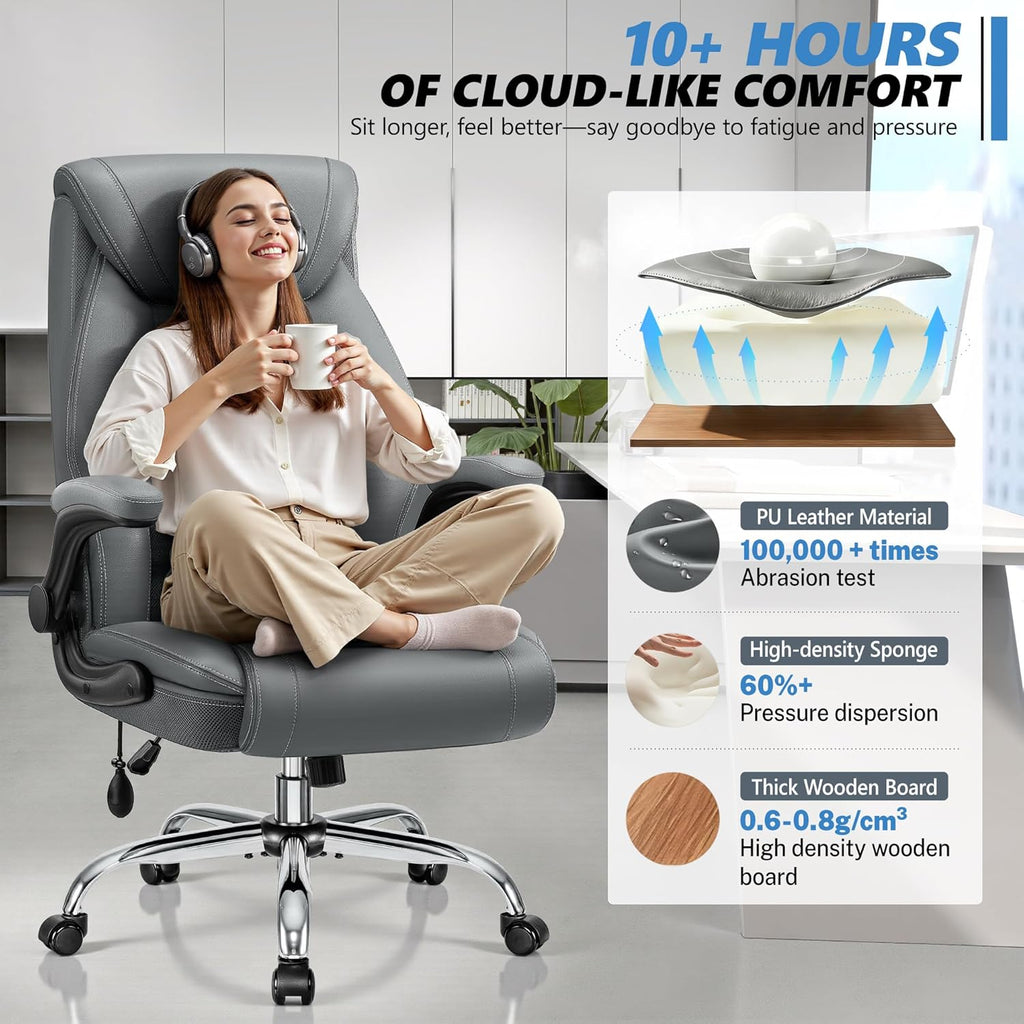 Office Chair, Big and Tall Ergonomic Desk Chair, Executive Leather Computer Chair with Adjustable Lumbar Support, Comfy Gaming Chair with Flip Up Arms, Swivel PC Chair with Rocking Function, Gray