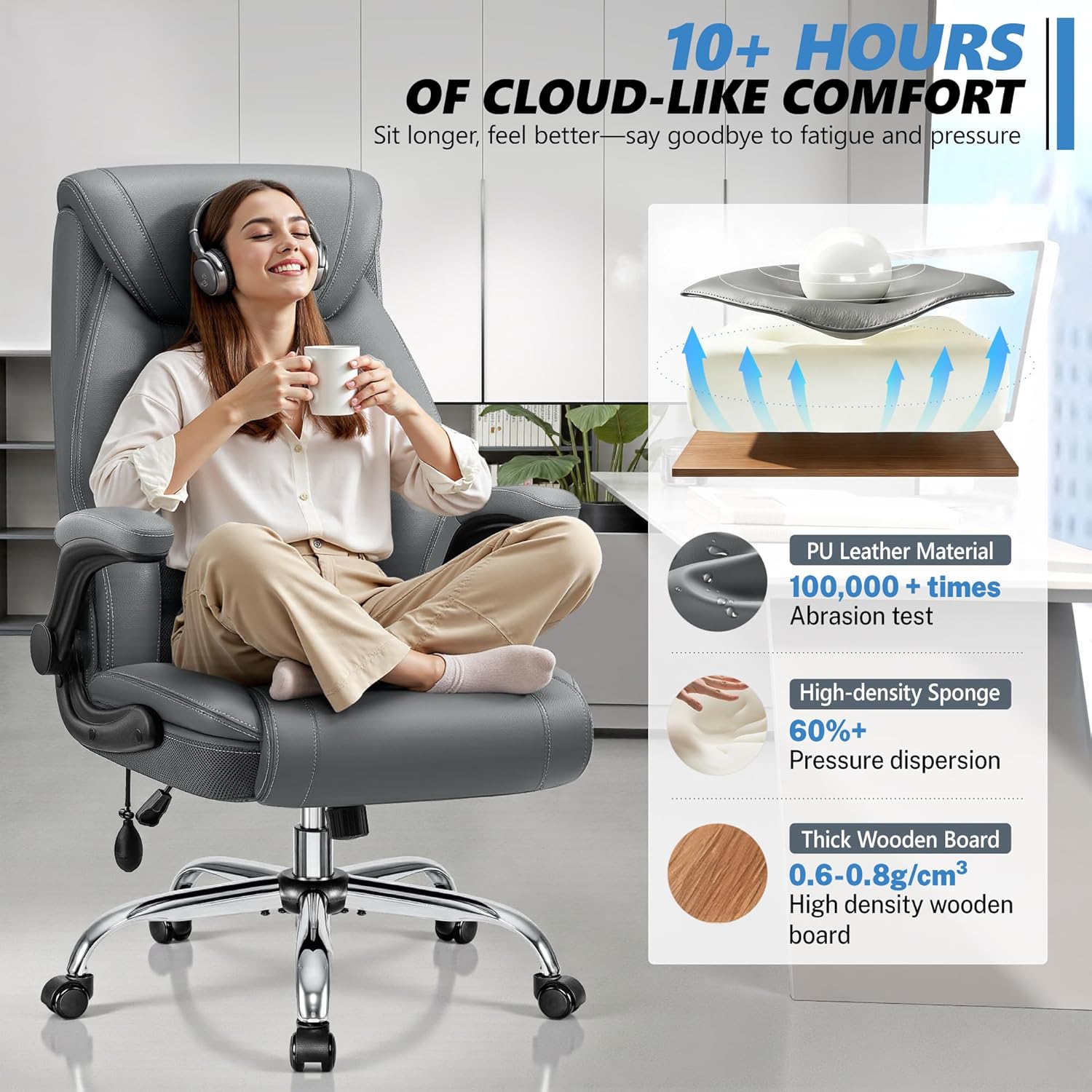 Office Chair, Big and Tall Ergonomic Desk Chair, Executive Leather Computer Chair with Adjustable Lumbar Support, Comfy Gaming Chair with Flip Up Arms, Swivel PC Chair with Rocking Function, Gray
