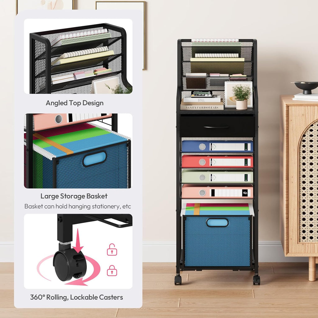 SWTYMIKI 10-Tier Rolling File Cart - Mesh Paper Organizer with Drawer and Hanging File Folders on Lockable Wheels, Rolling File Cabinet for Office Organization, Storage in Home, Studio, School, Black